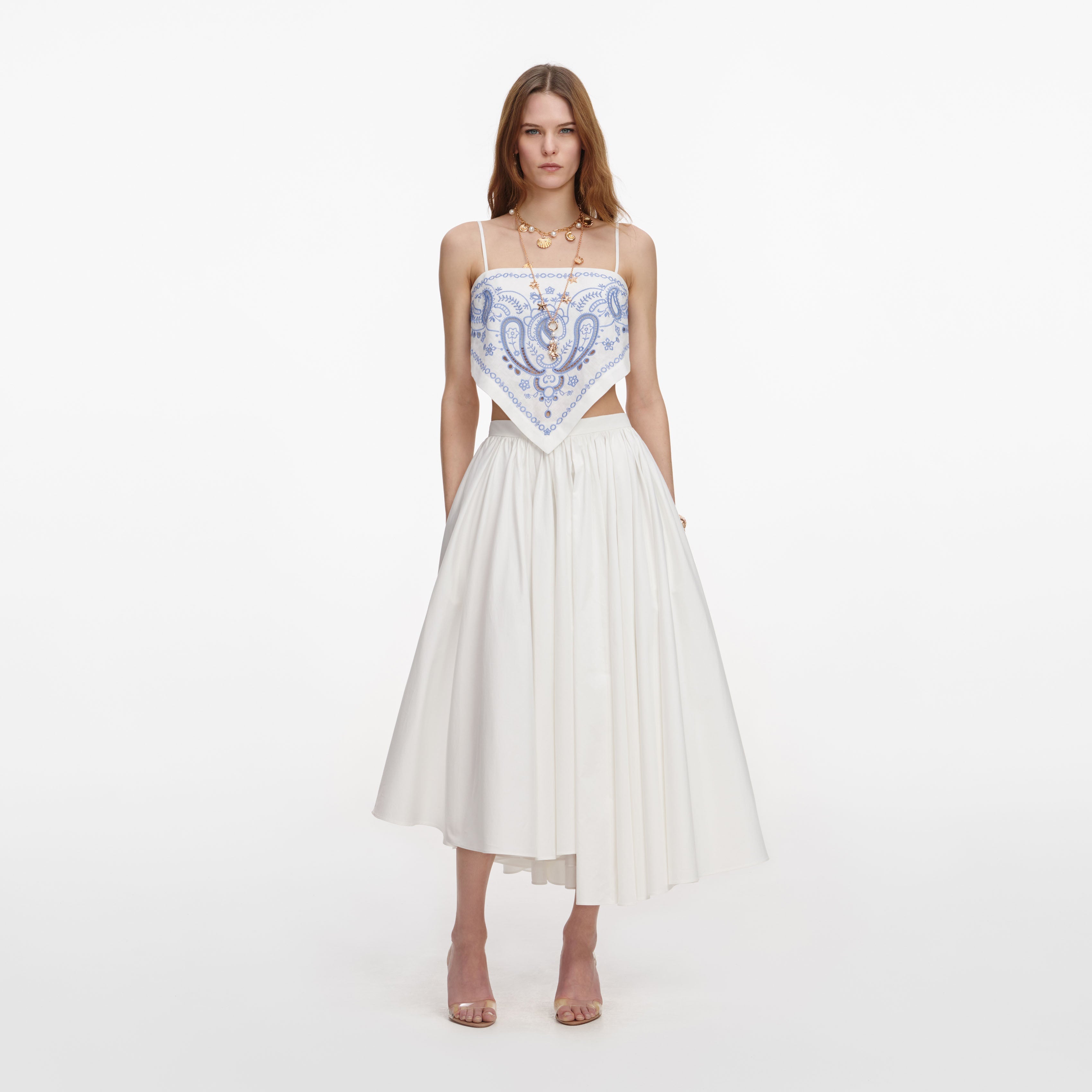 chinese dress ladies White And Blue Embroidered Linen Top – self-portrait-EU
