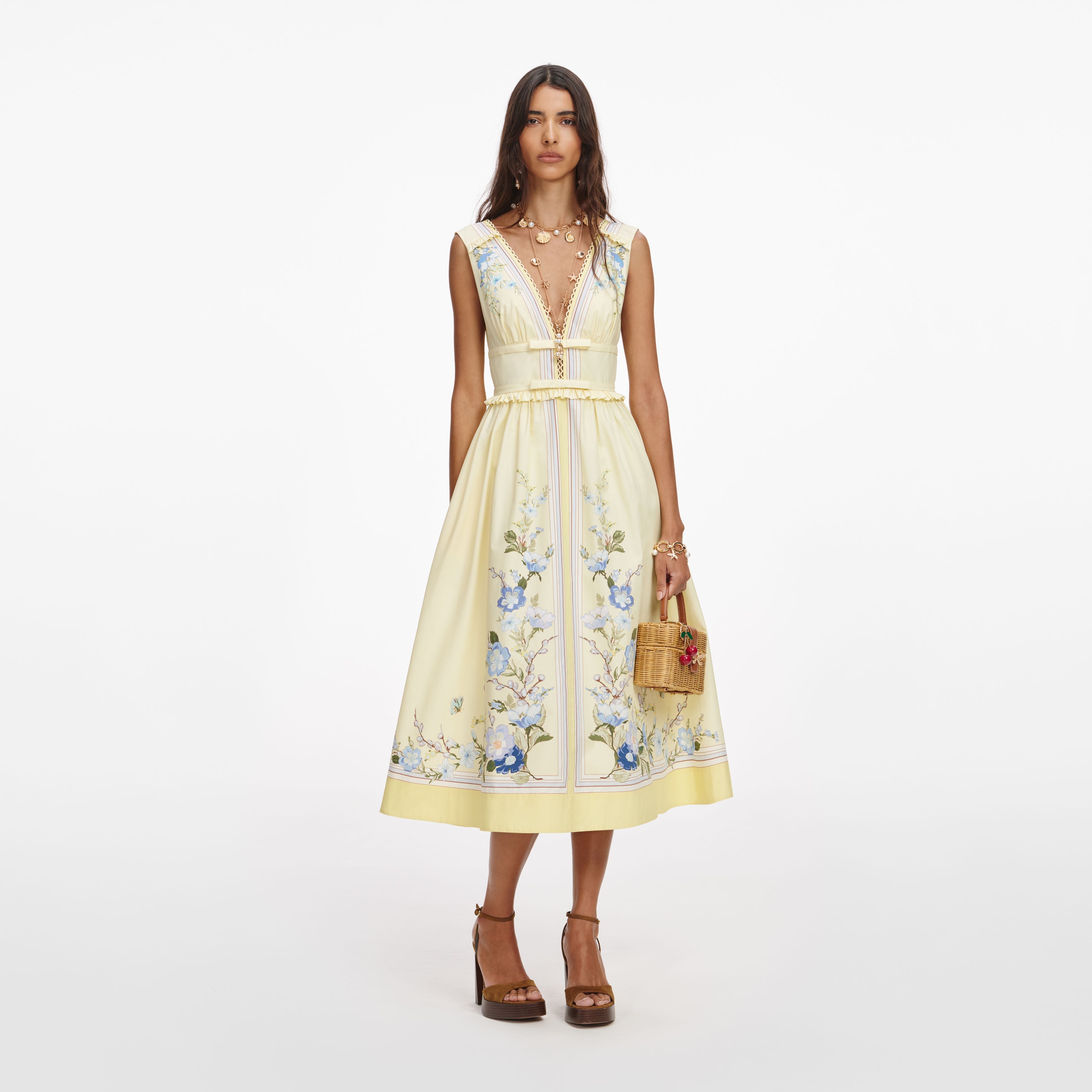 Yellow Floral Cotton Midi Dress – self-portrait-EU