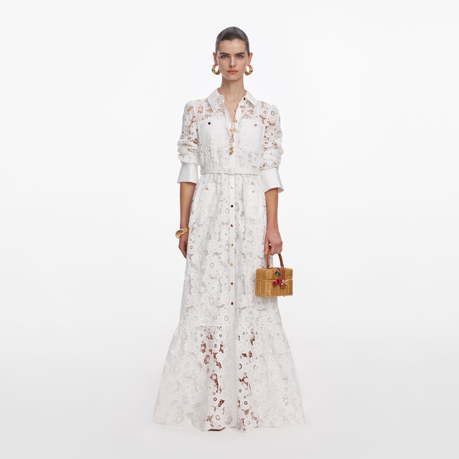 Front view of a woman wearing the White Lace Collared Maxi Dress