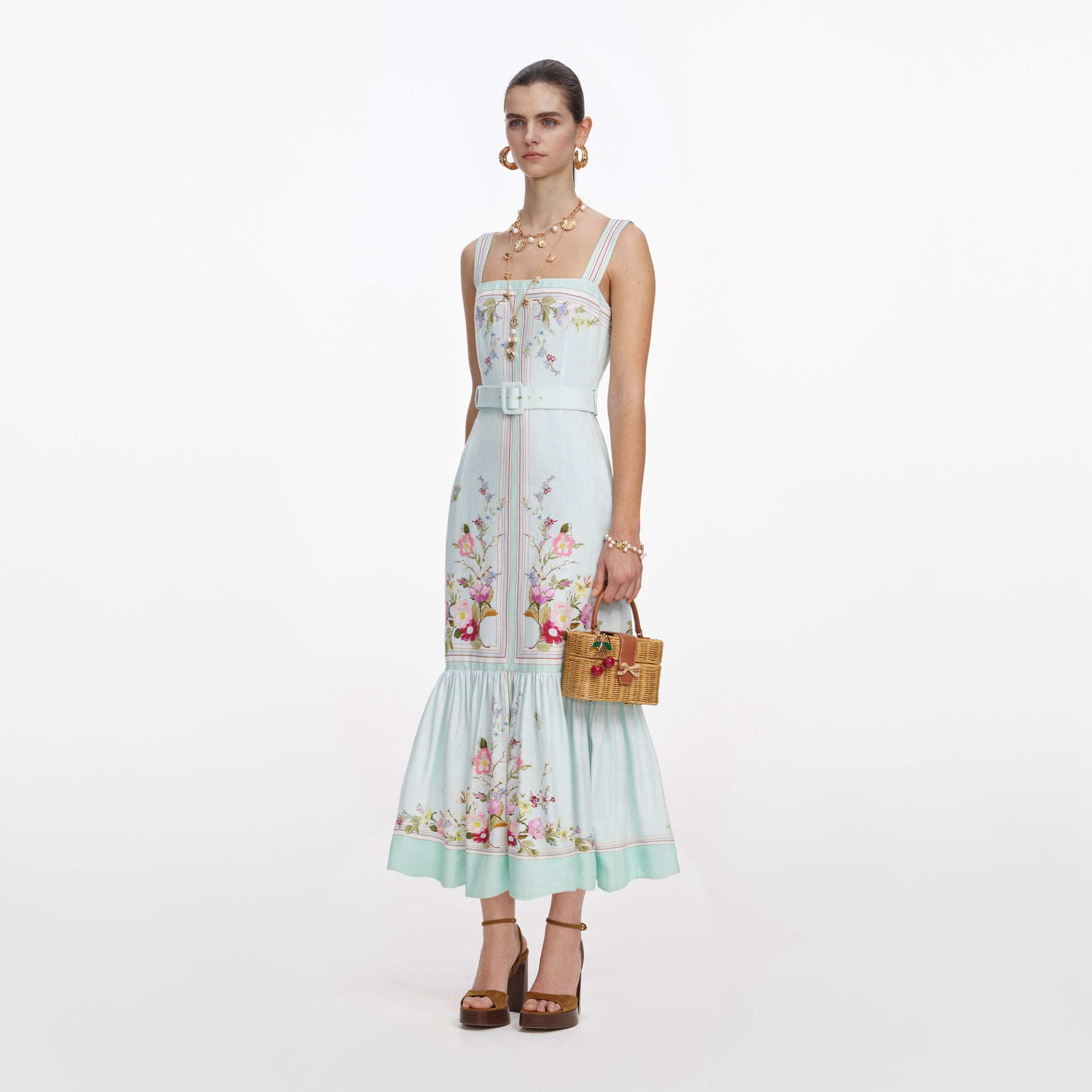 Mint Floral Linen Midi Dress