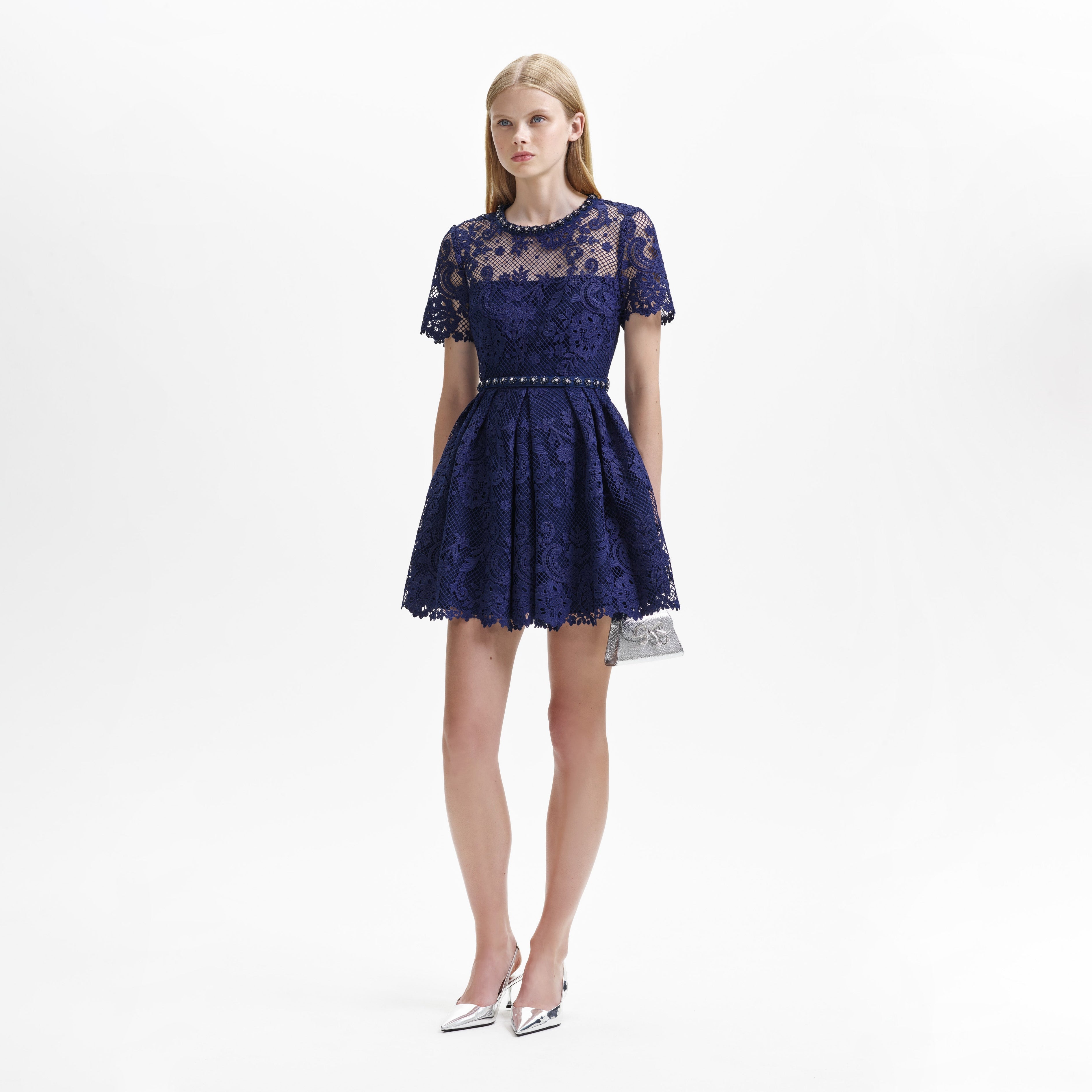Navy Lace Embellished Mini Dress