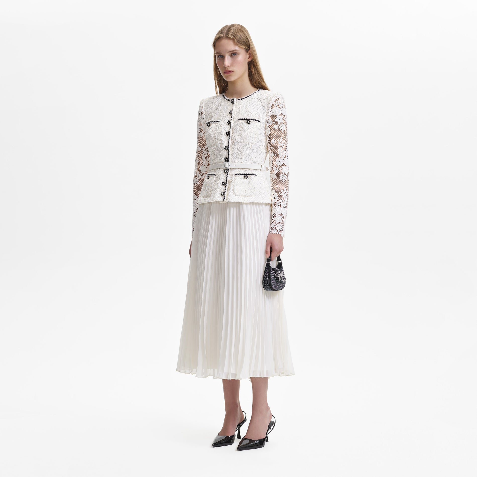 A woman wearing the Cream Lace Chiffon Midi Dress