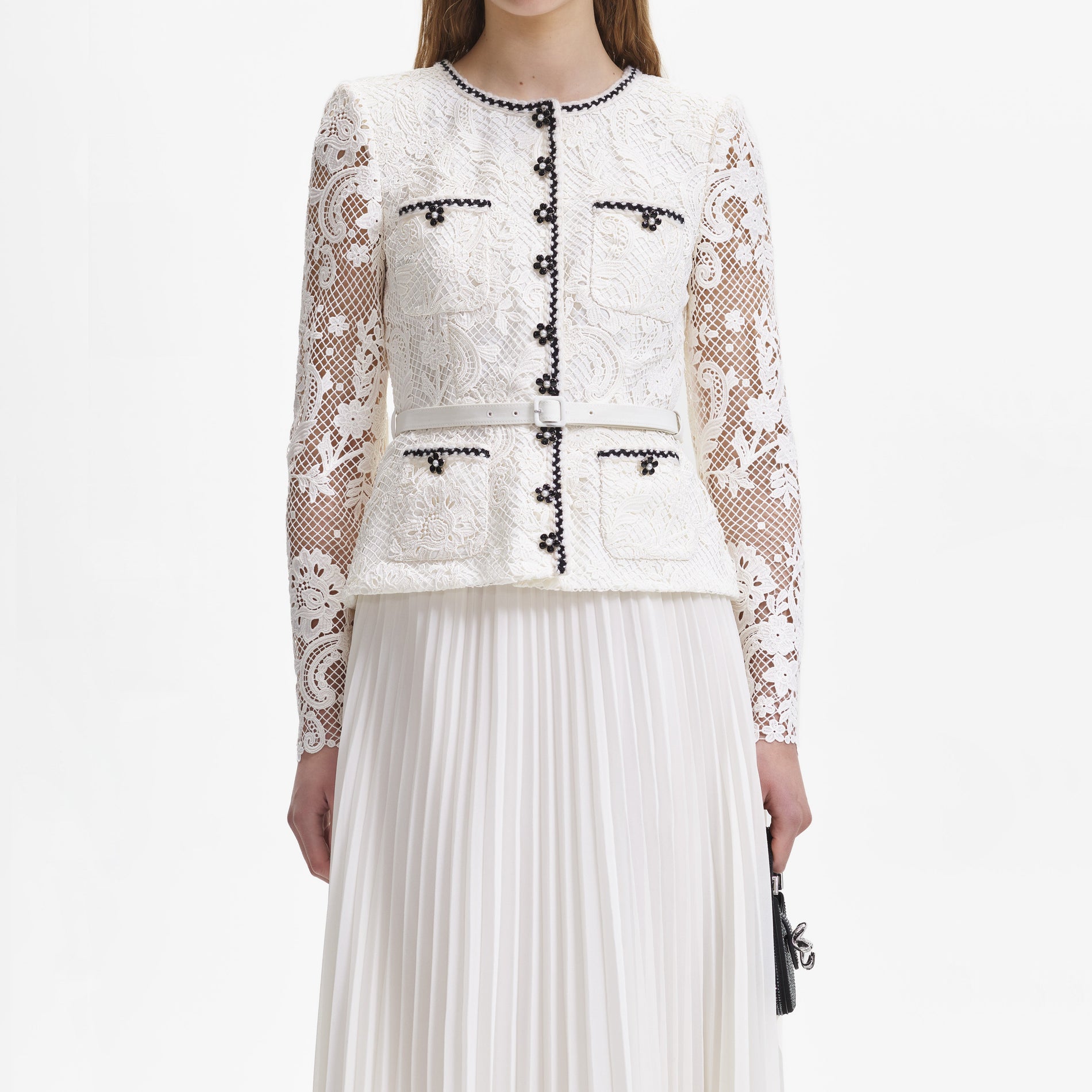 A close up of the fabric for the Cream Lace Chiffon Midi Dress