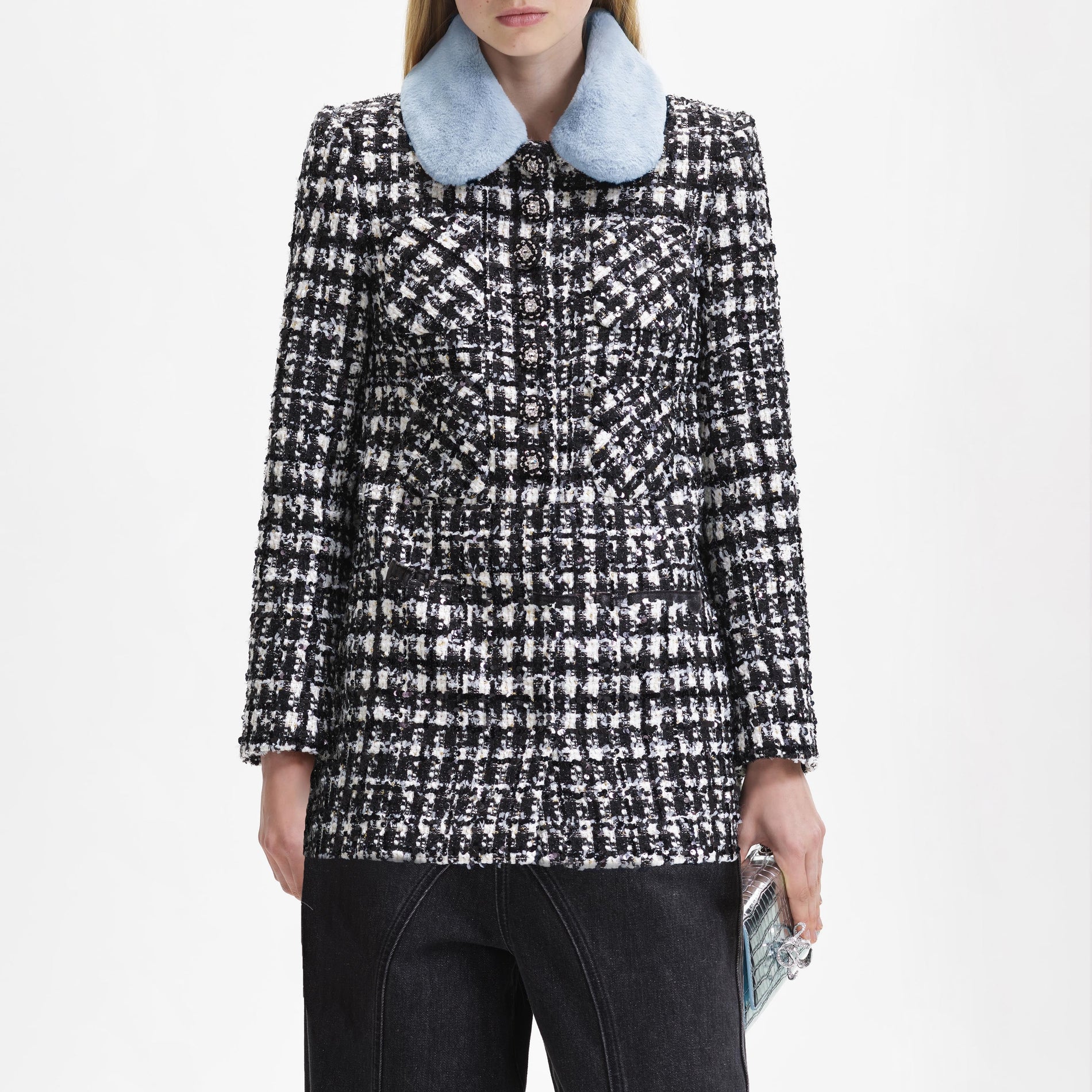 Black Check Boucle Collar Jacket