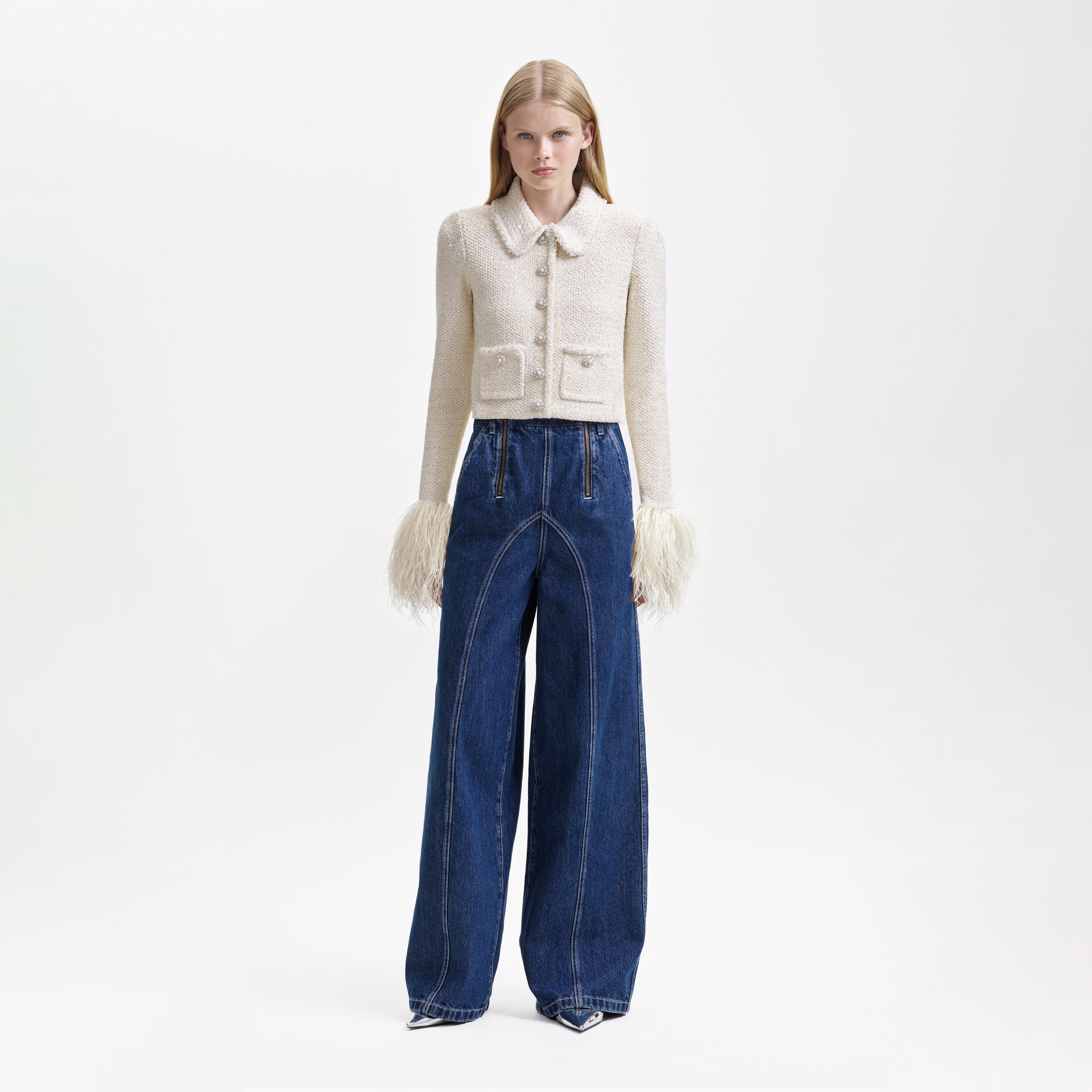 Cream Sequin Pearl Cropped Feather Cardigan