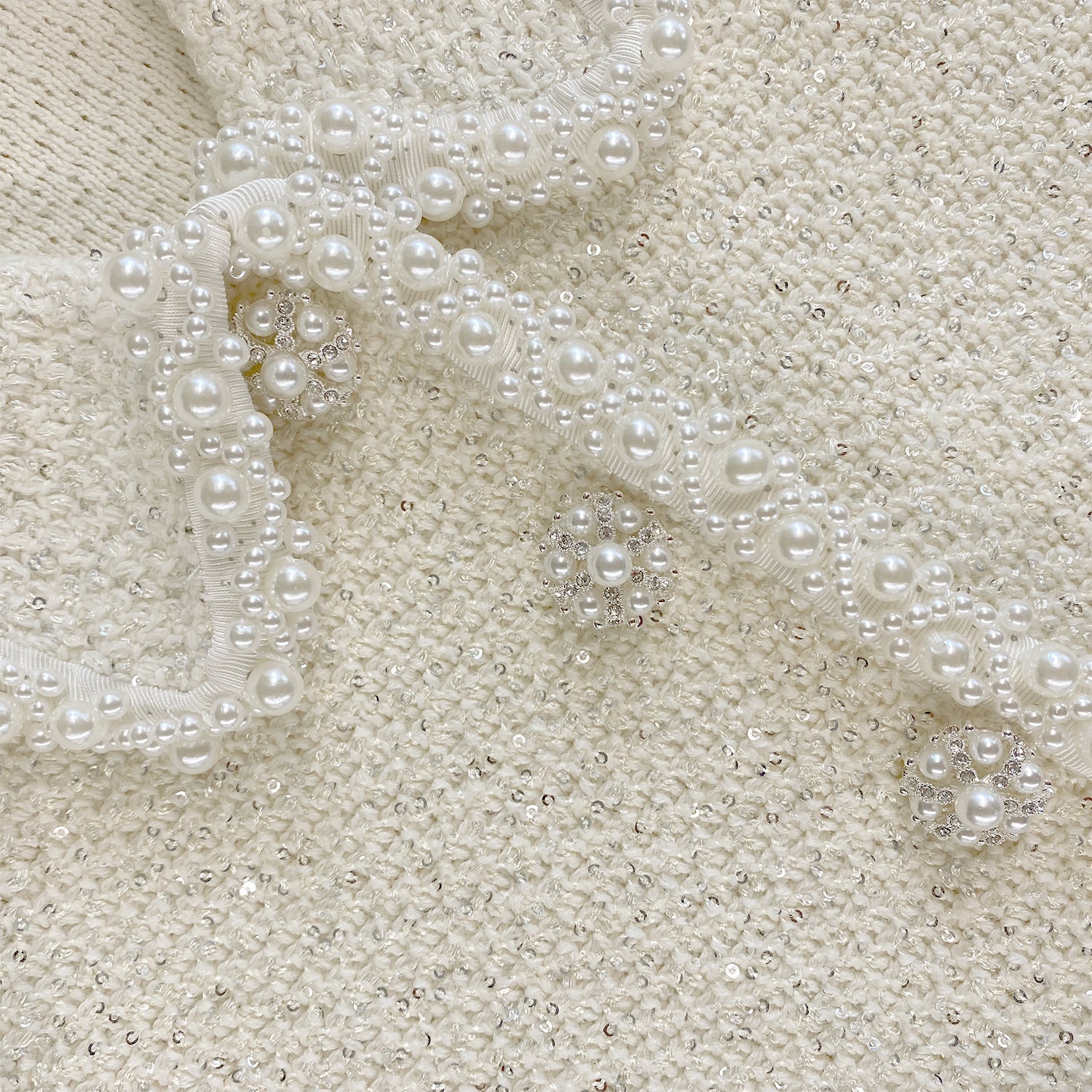Cream Sequin Pearl Cropped Feather Cardigan