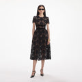 Black Lace Velvet Bow Midi Dress
