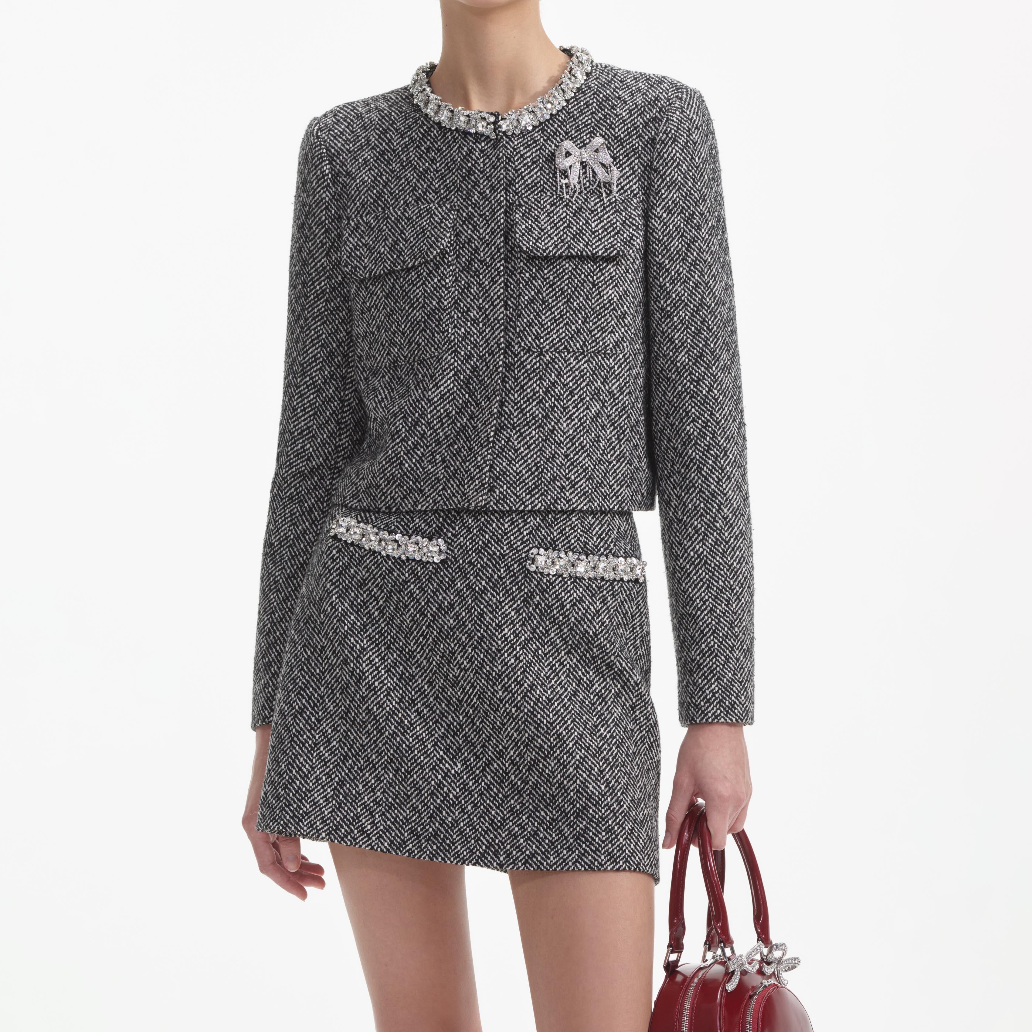 Black Herringbone Embellished Jacket