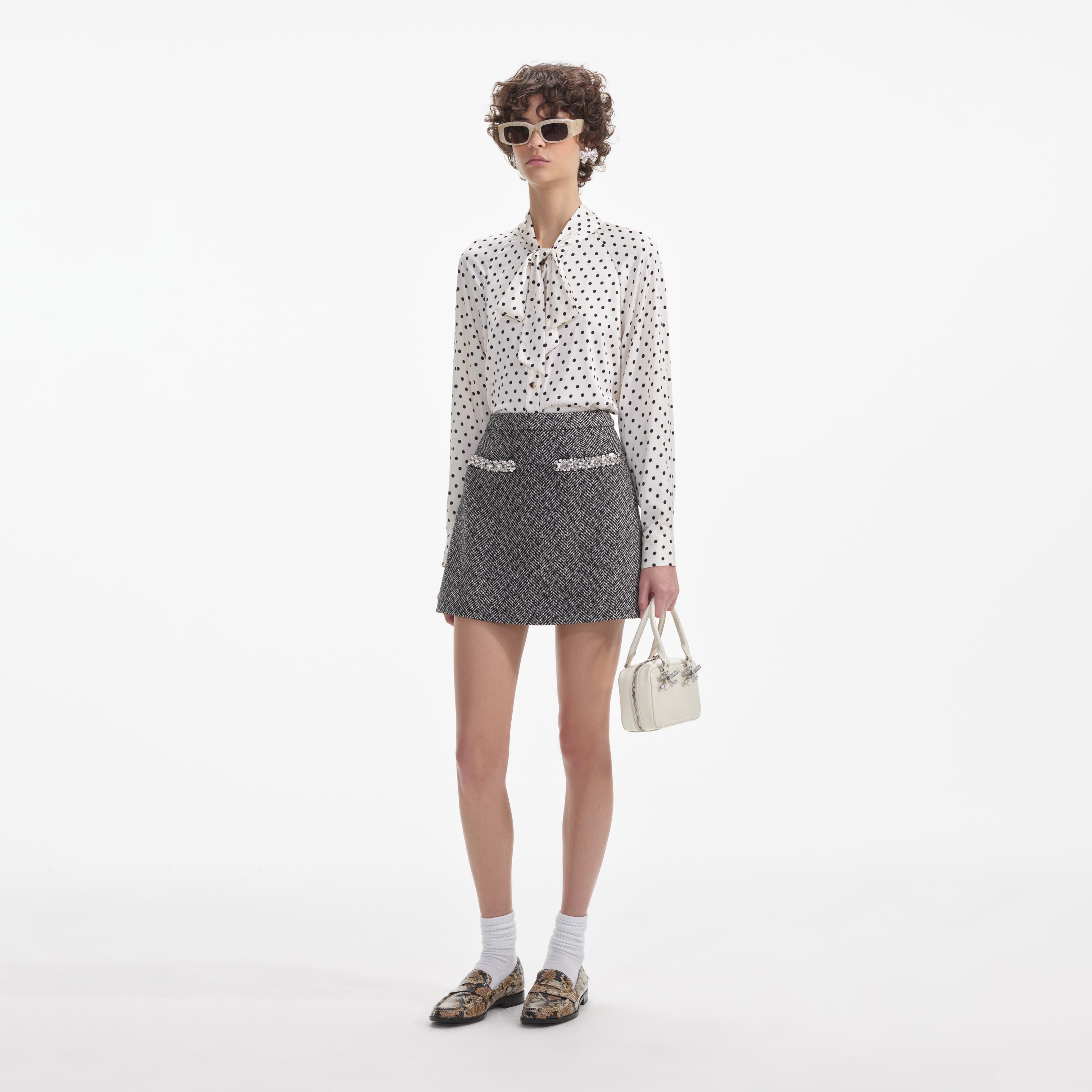 Black Herringbone Mini Skirt