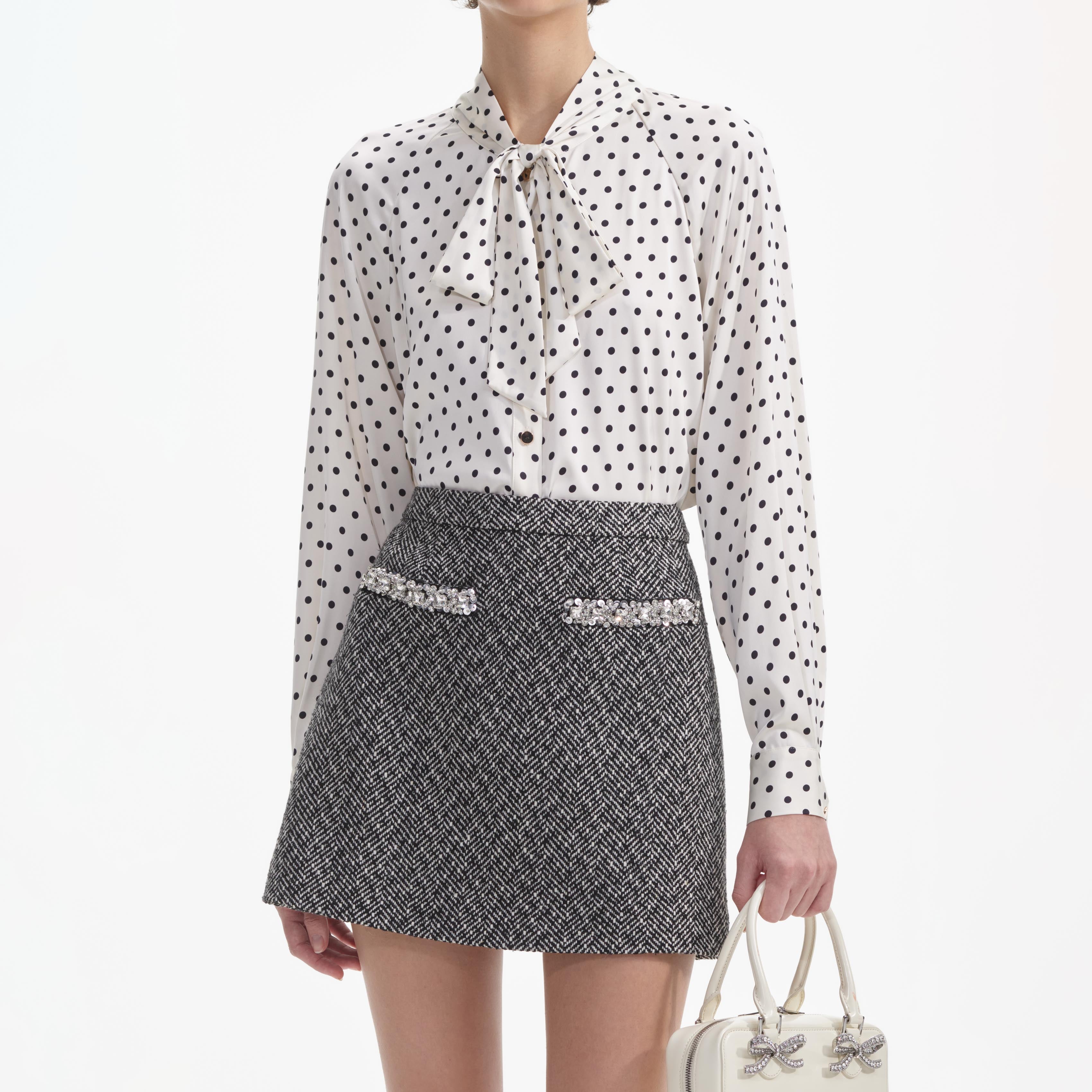 Black Herringbone Mini Skirt