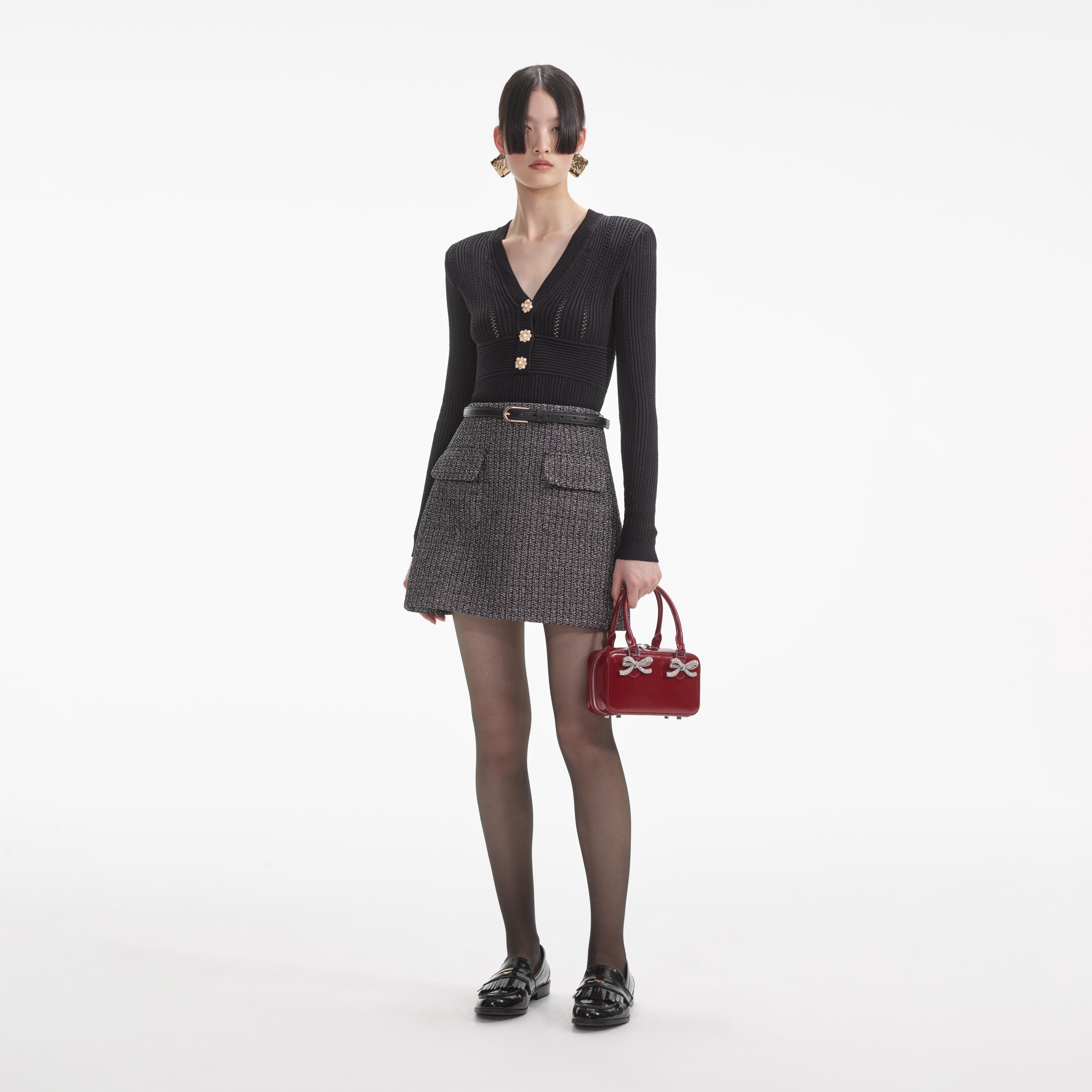 Black Fitted Pointelle Knit Top