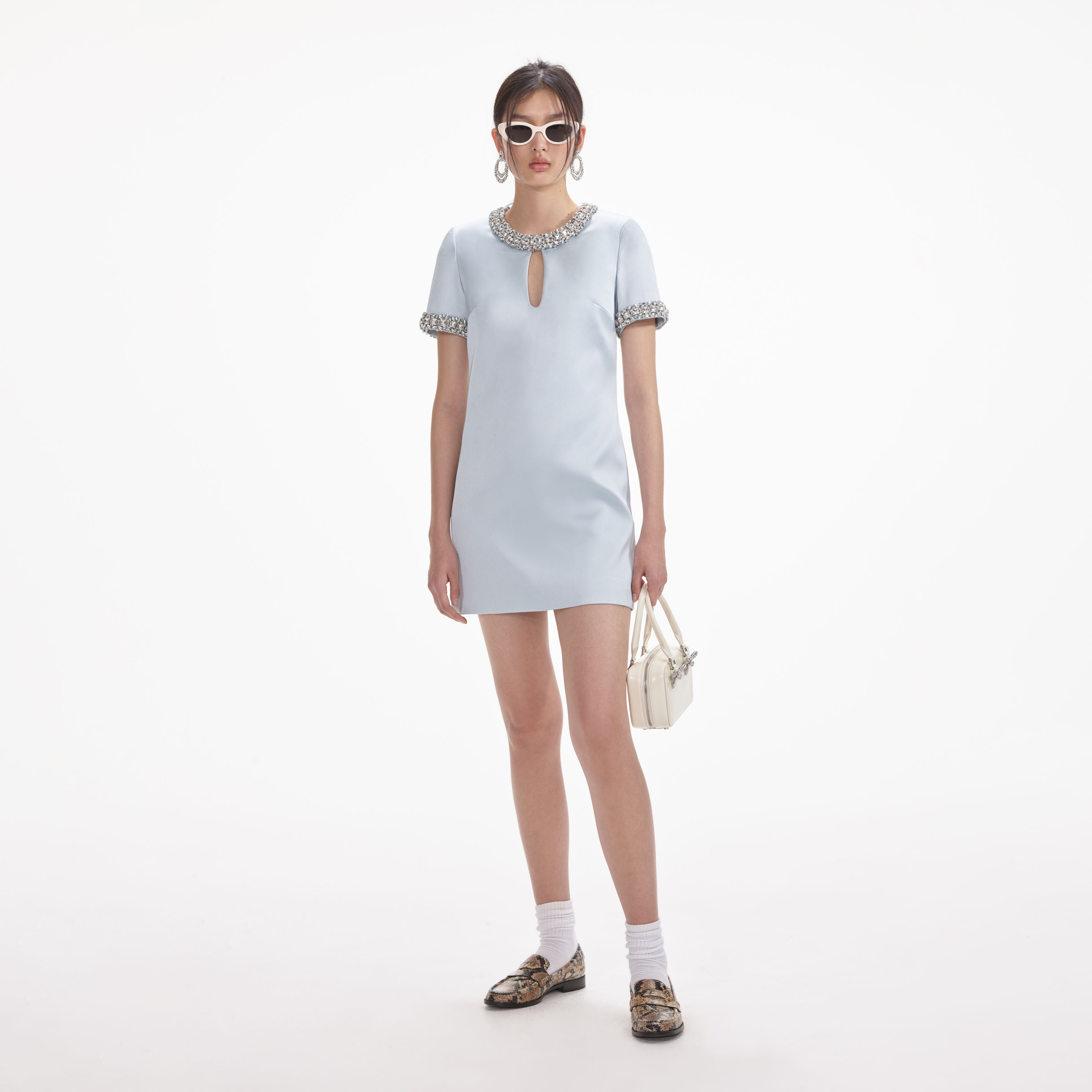 Blue Satin Embellished Mini Dress
