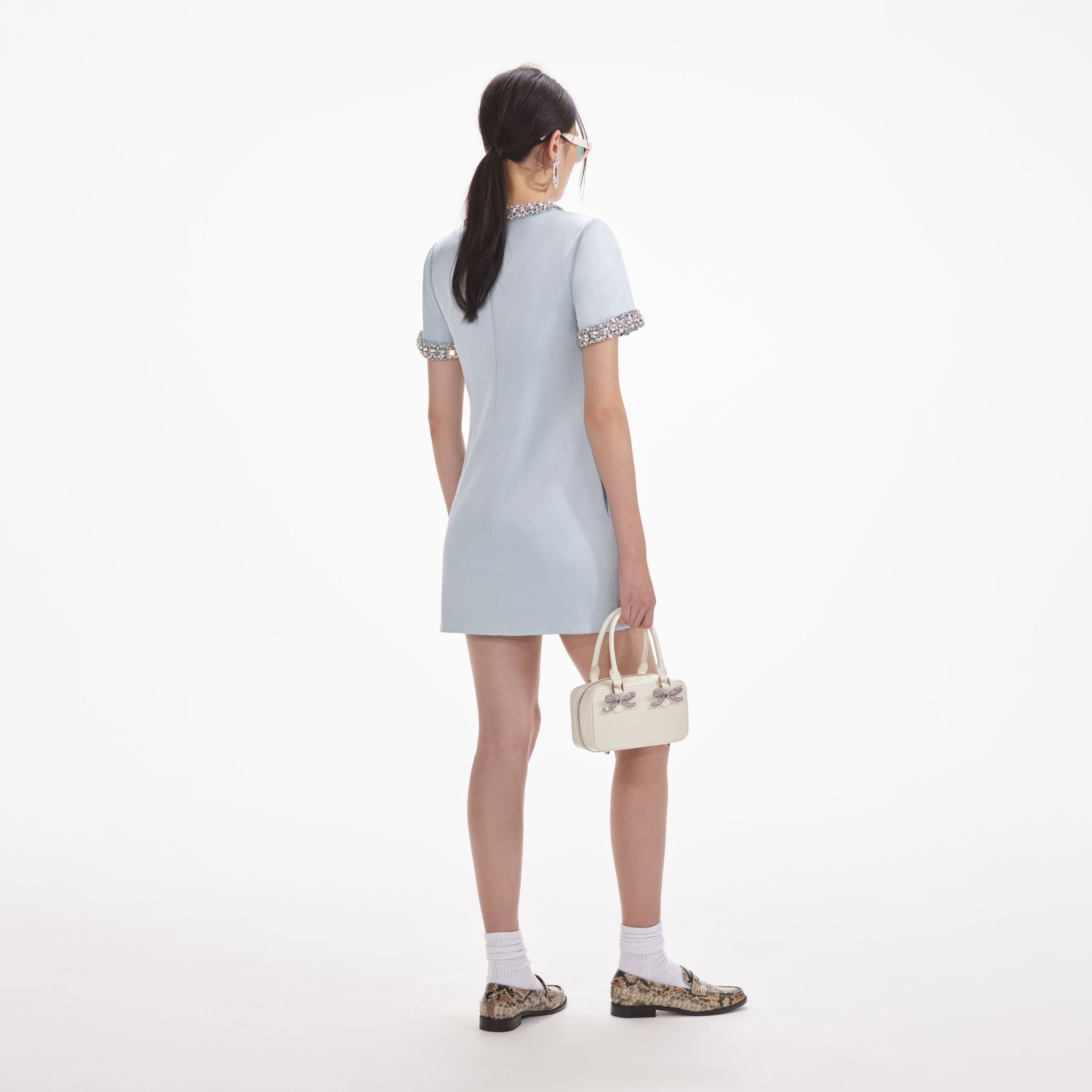 Blue Satin Embellished Mini Dress