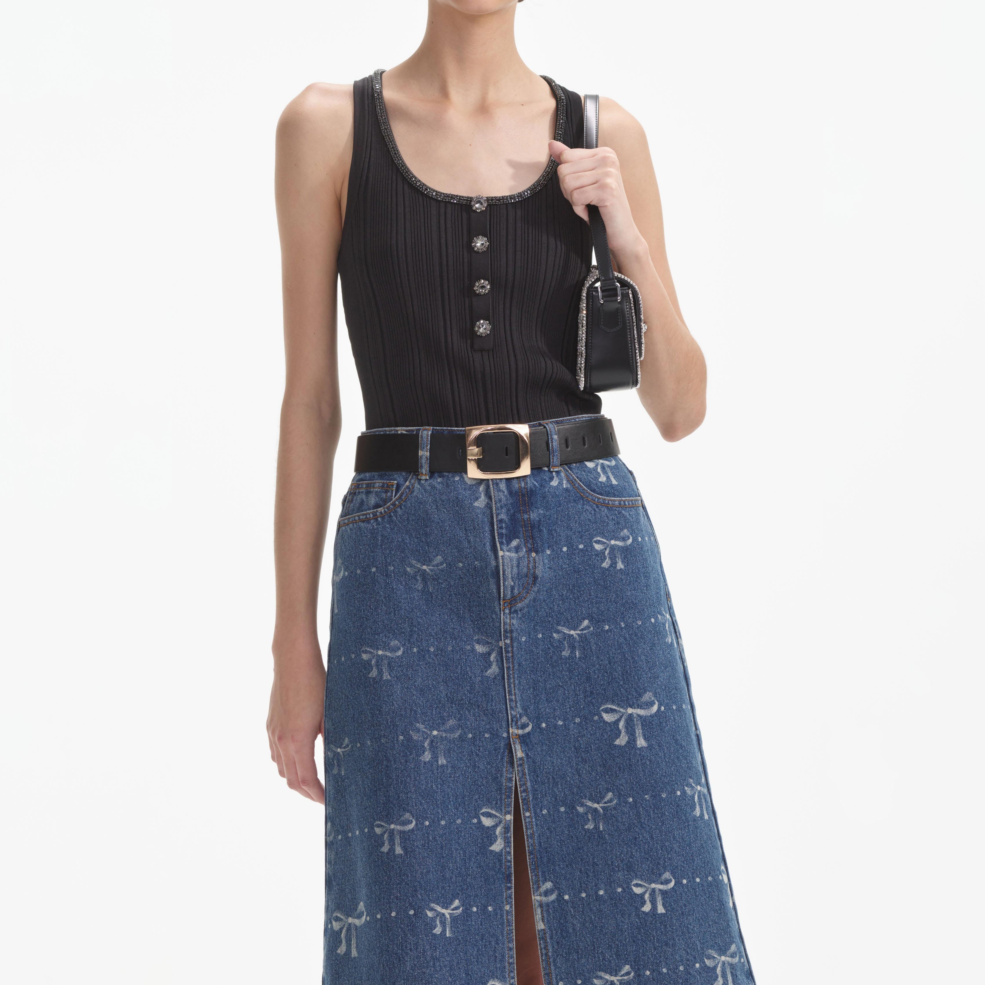Bow Print Denim Midi Skirt