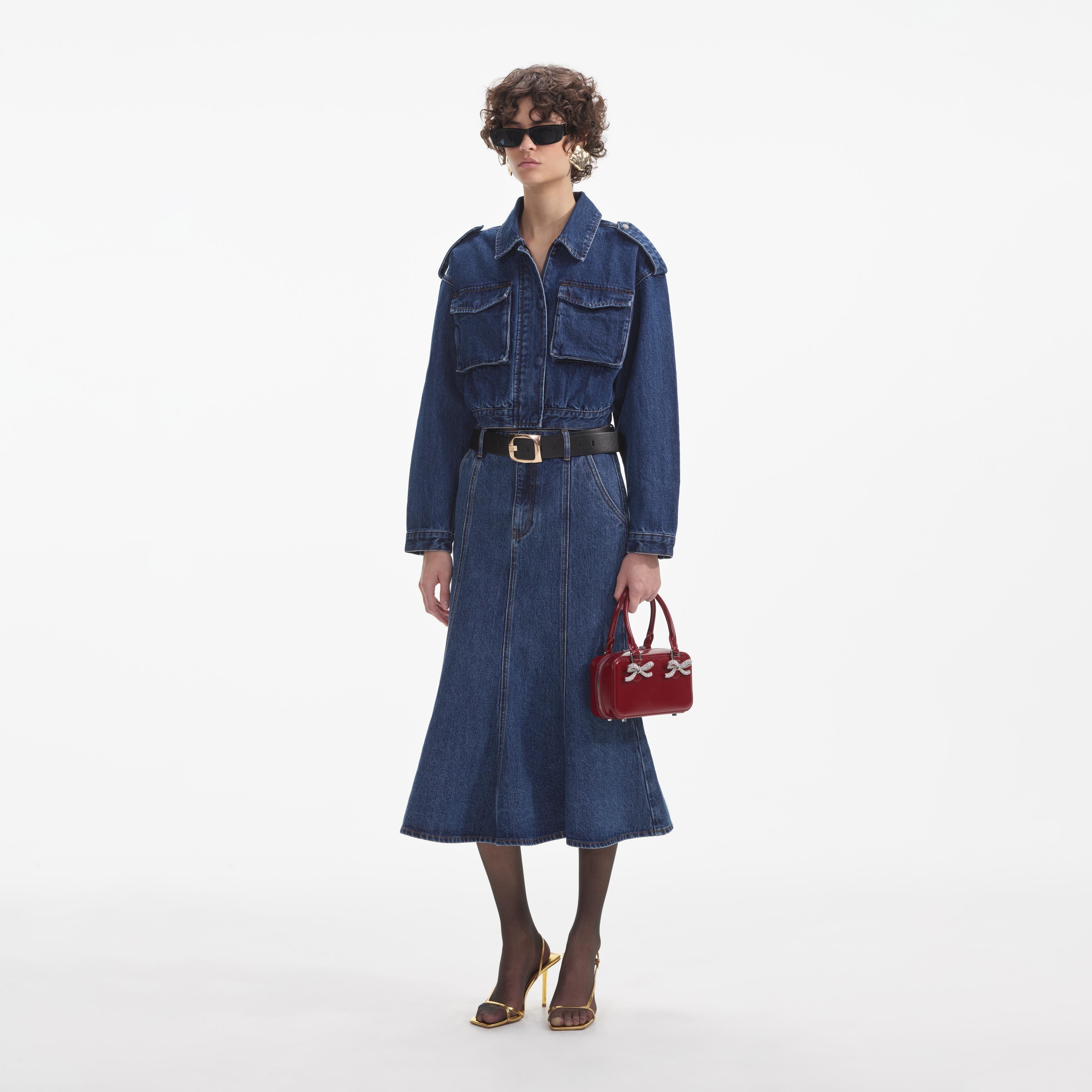 Flared Denim Midi Skirt