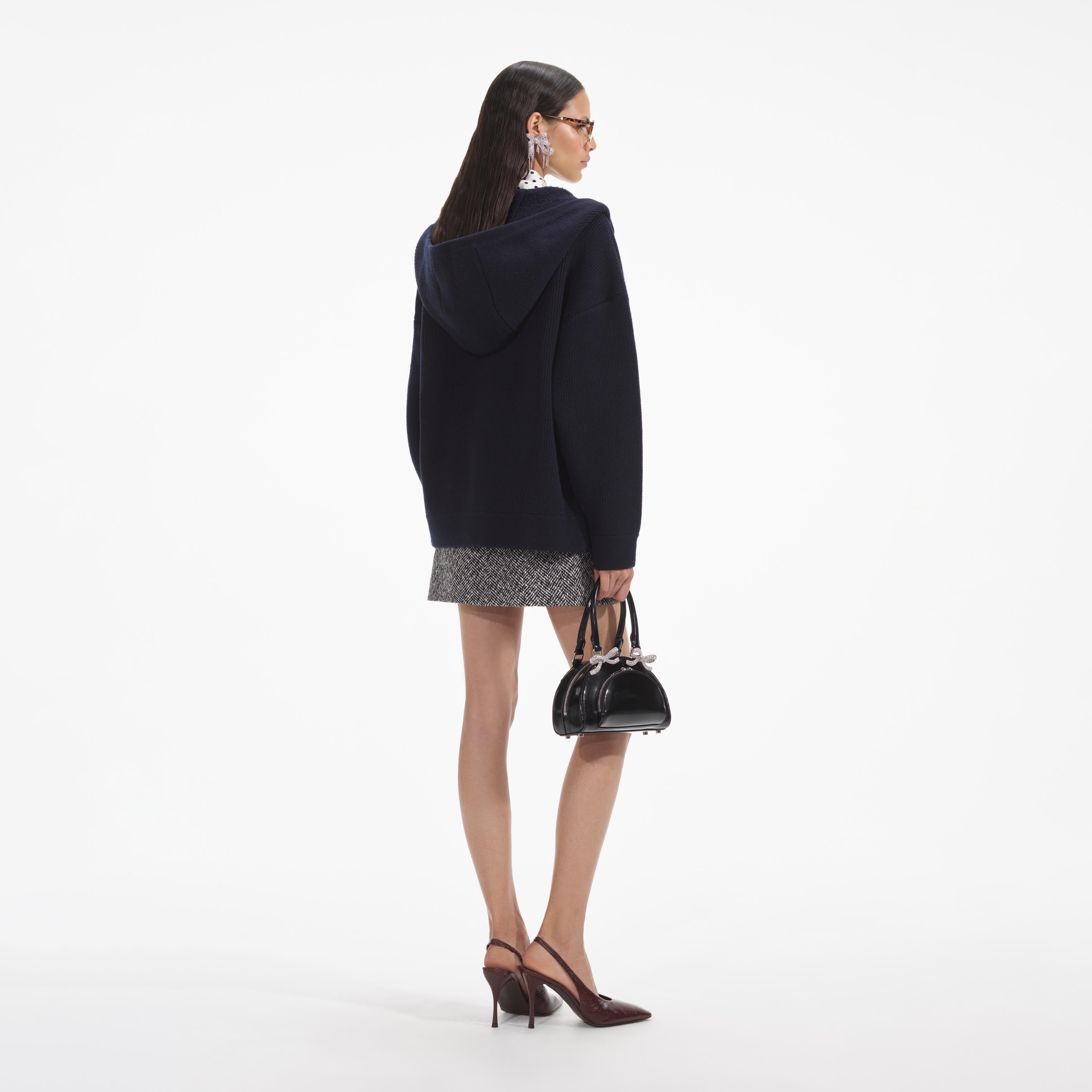 Navy Knit Diamante Trim Hoodie