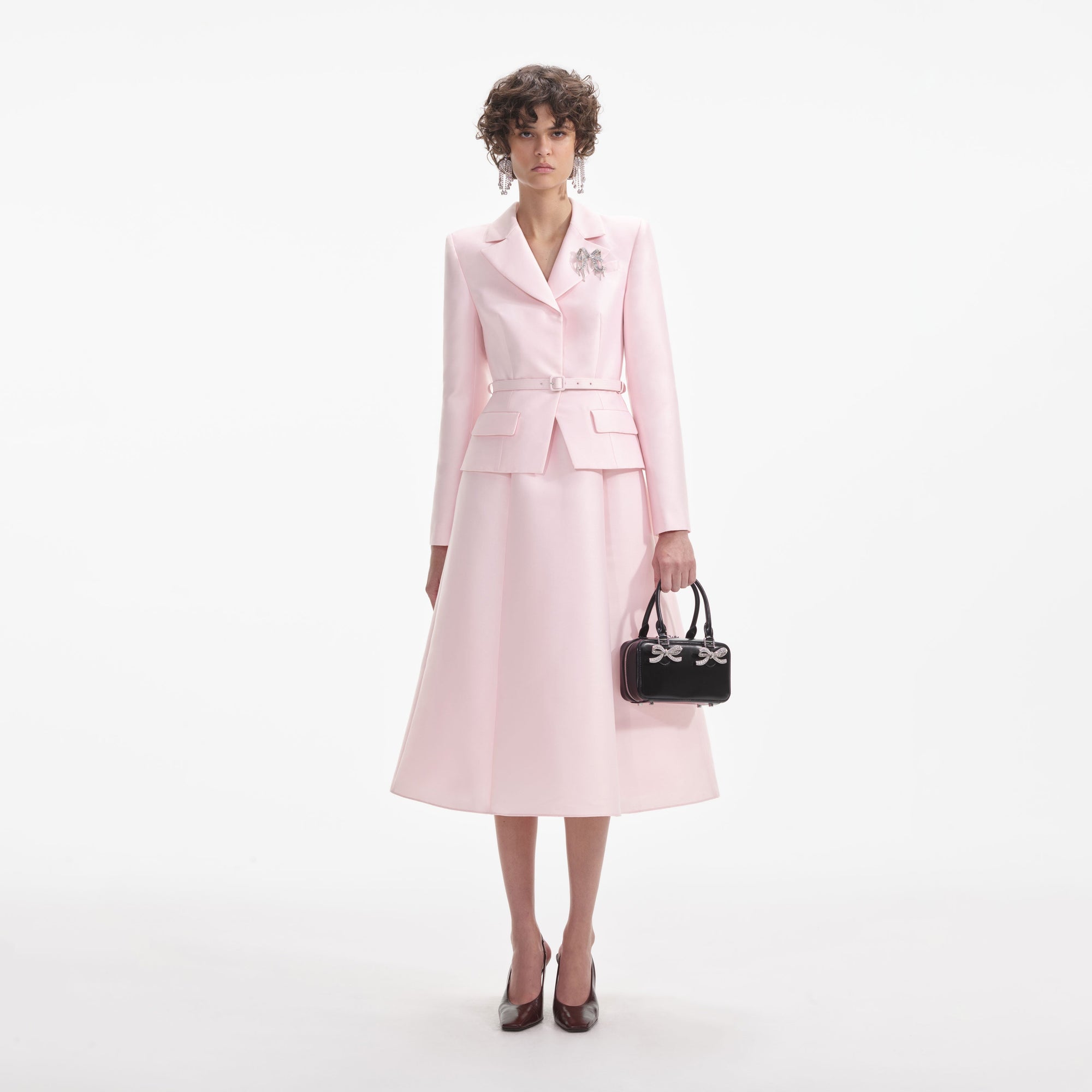 Front view of a woman wearing the Pink Tailored Taffeta Midi Dress