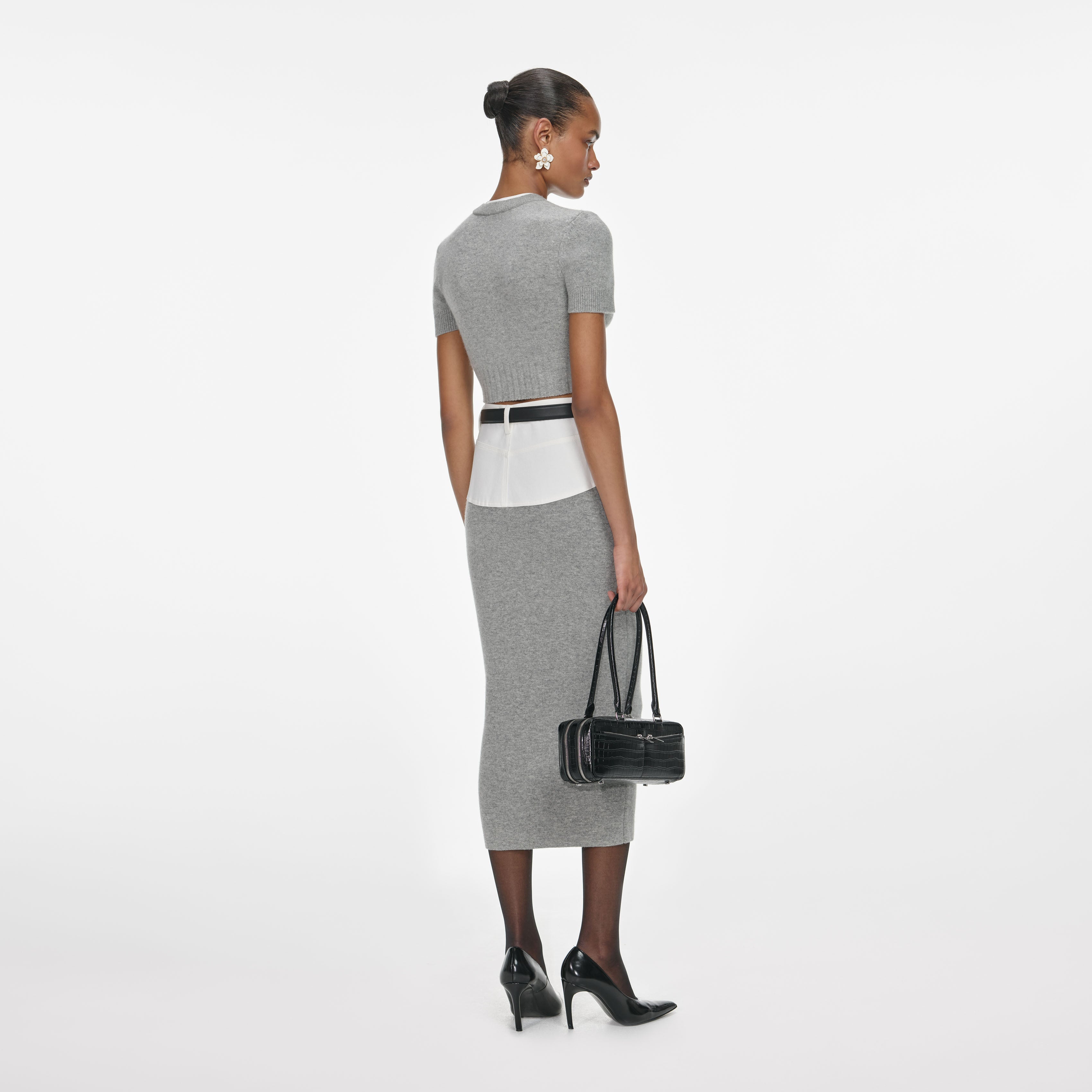Grey Knit Denim Insert Midi Skirt