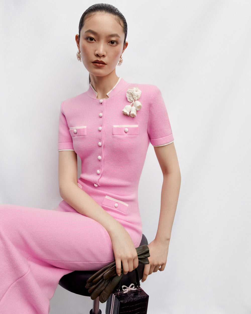Pink Crochet Flower Knit Midi Dress