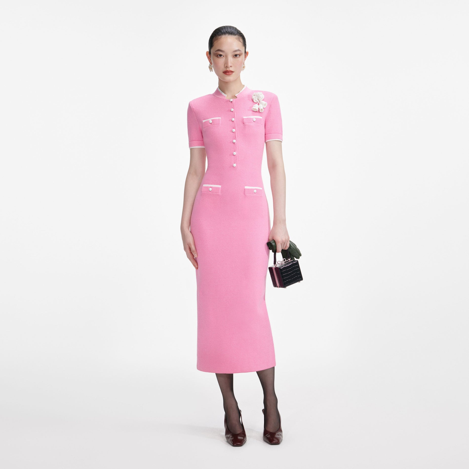 Pink Crochet Flower Knit Midi Dress