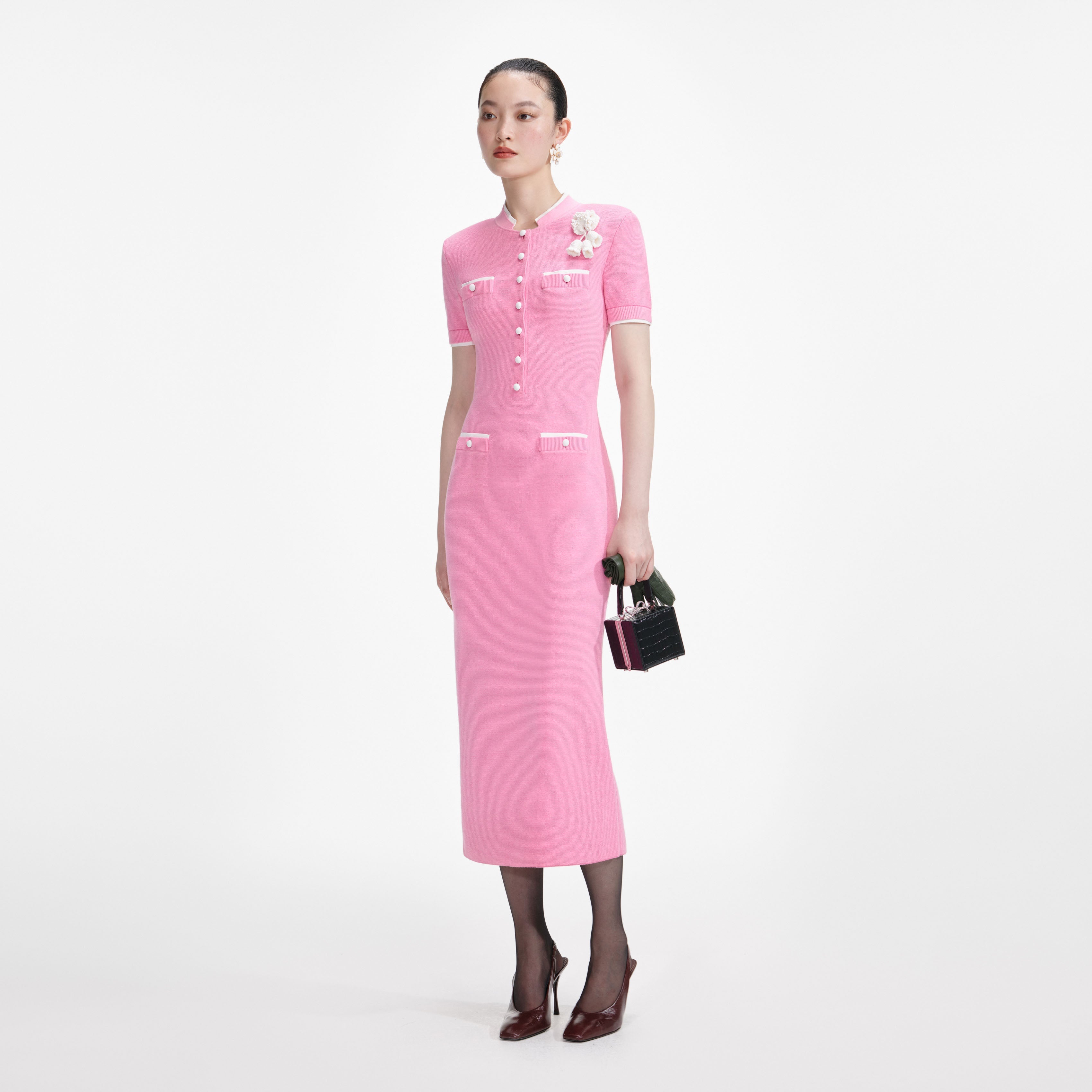 Pink Crochet Flower Knit Midi Dress