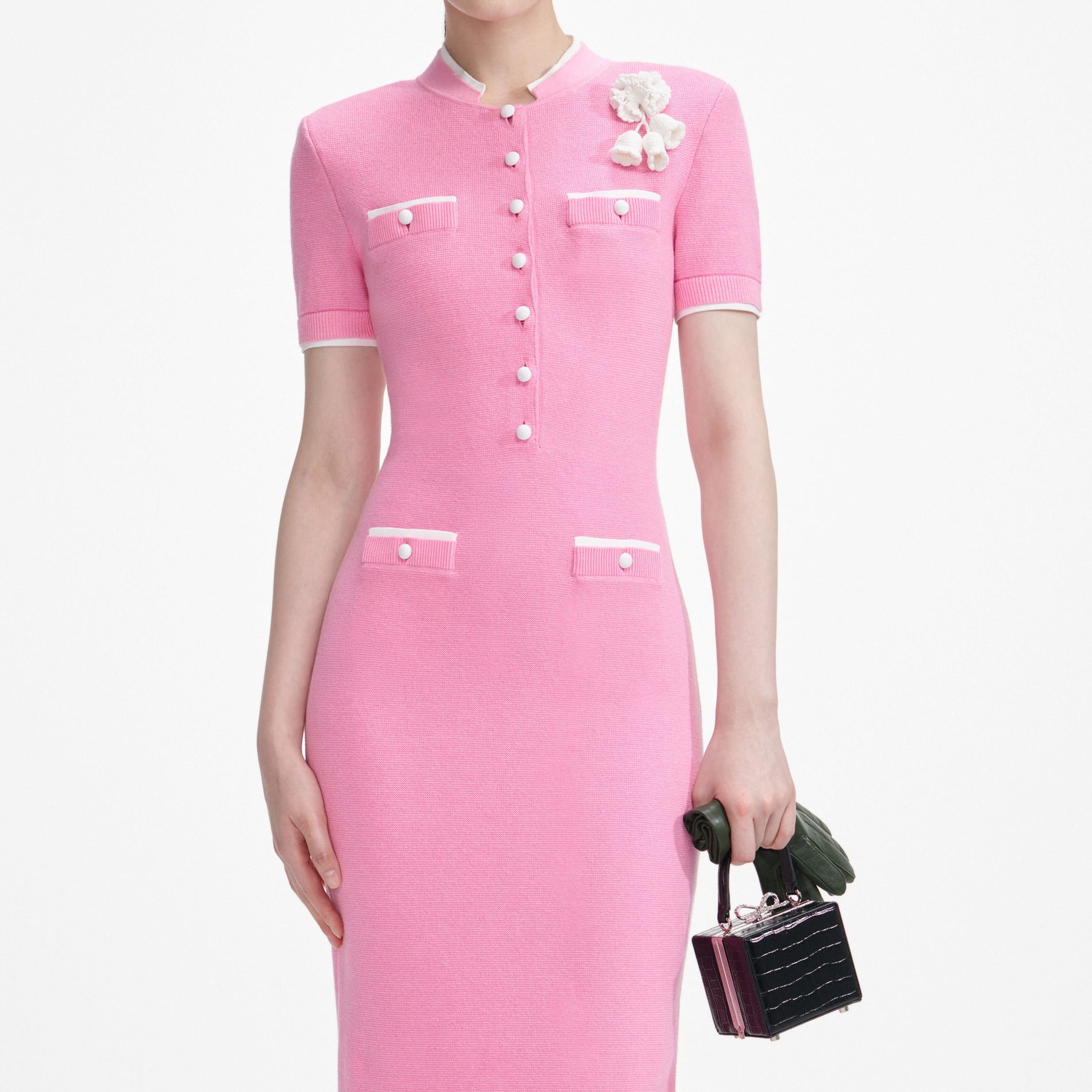 Pink Crochet Flower Knit Midi Dress