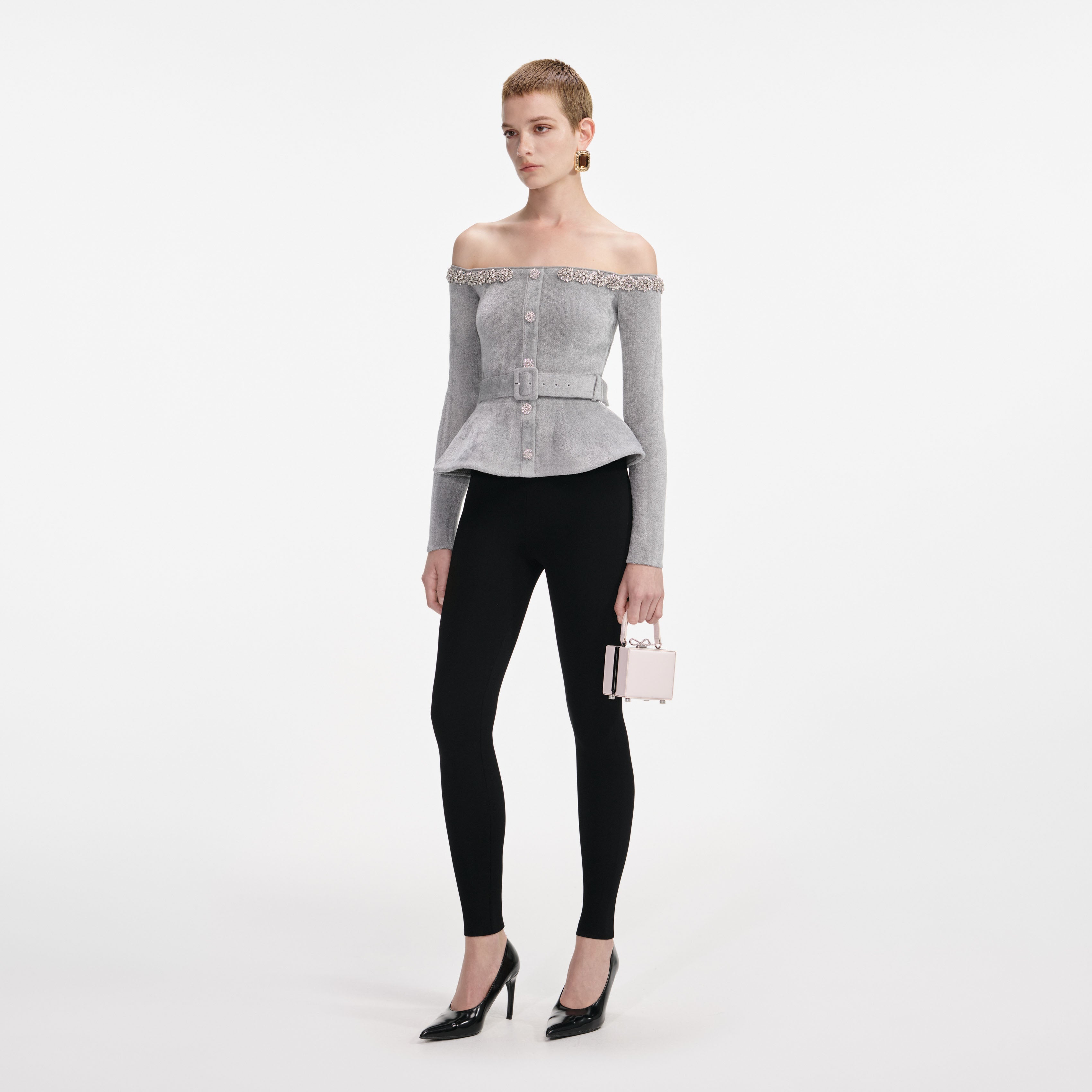 Grey Chenille Knit Crystal Trim Top