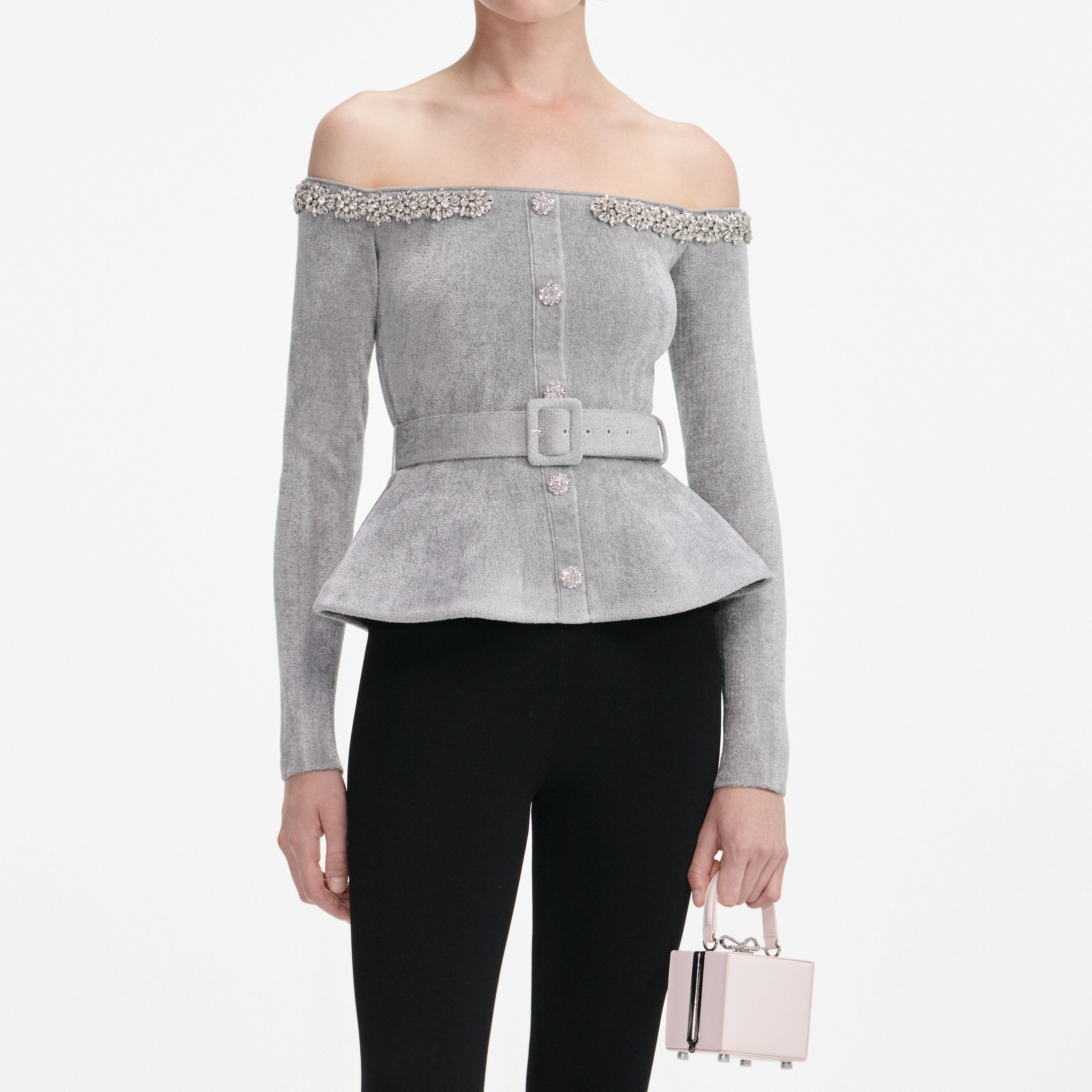 Grey Chenille Knit Crystal Trim Top