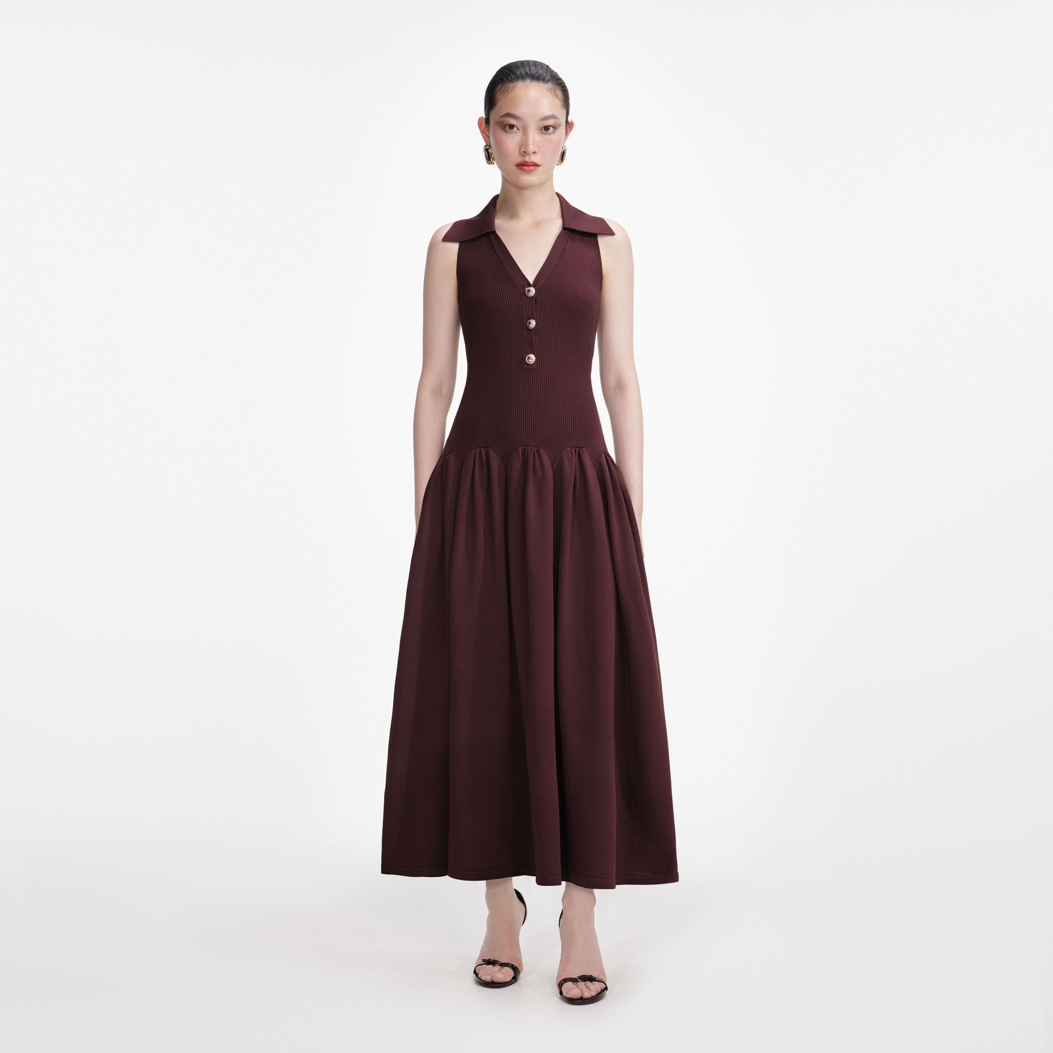 Brown Ribbed Collared Knit Midi Dress self-portrait-EU Brown Ribbed Collared Knit Midi Dress self-portrait-EU