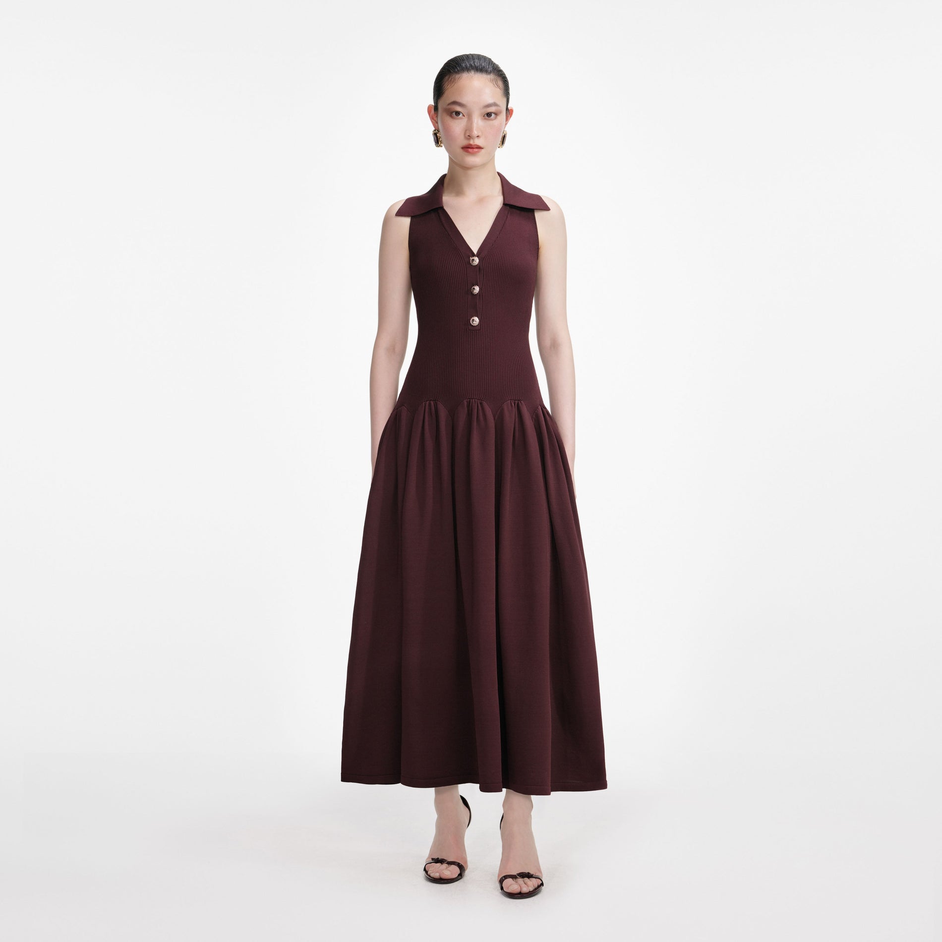 Brown Ribbed Collared Knit Midi Dress