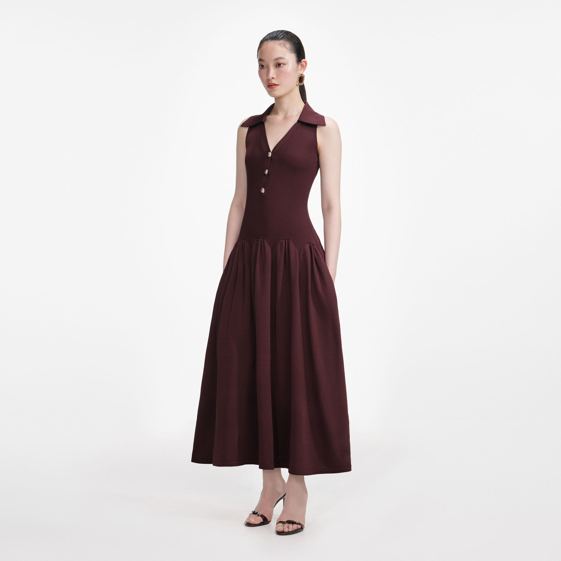 Brown Ribbed Collared Knit Midi Dress
