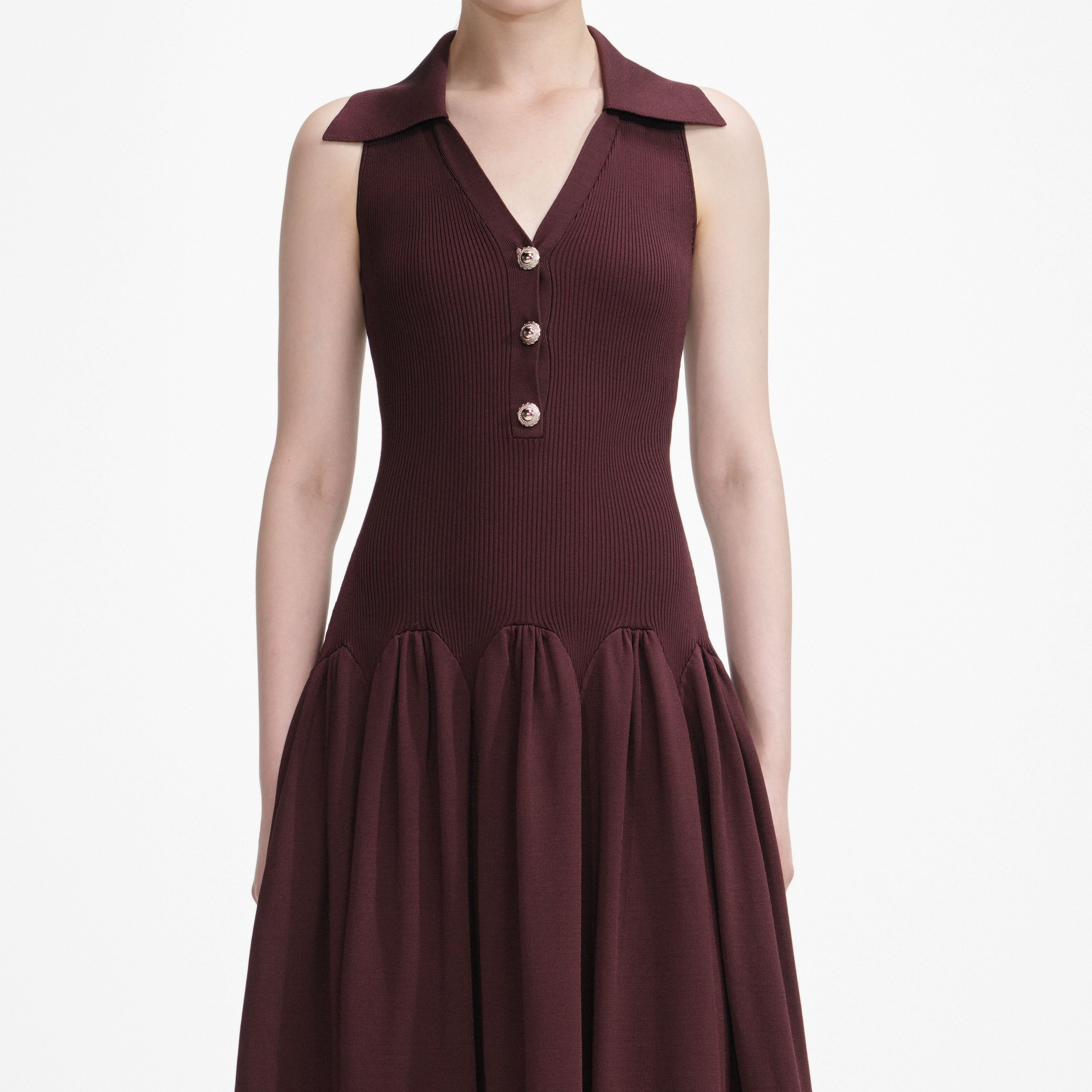 Brown Ribbed Collared Knit Midi Dress