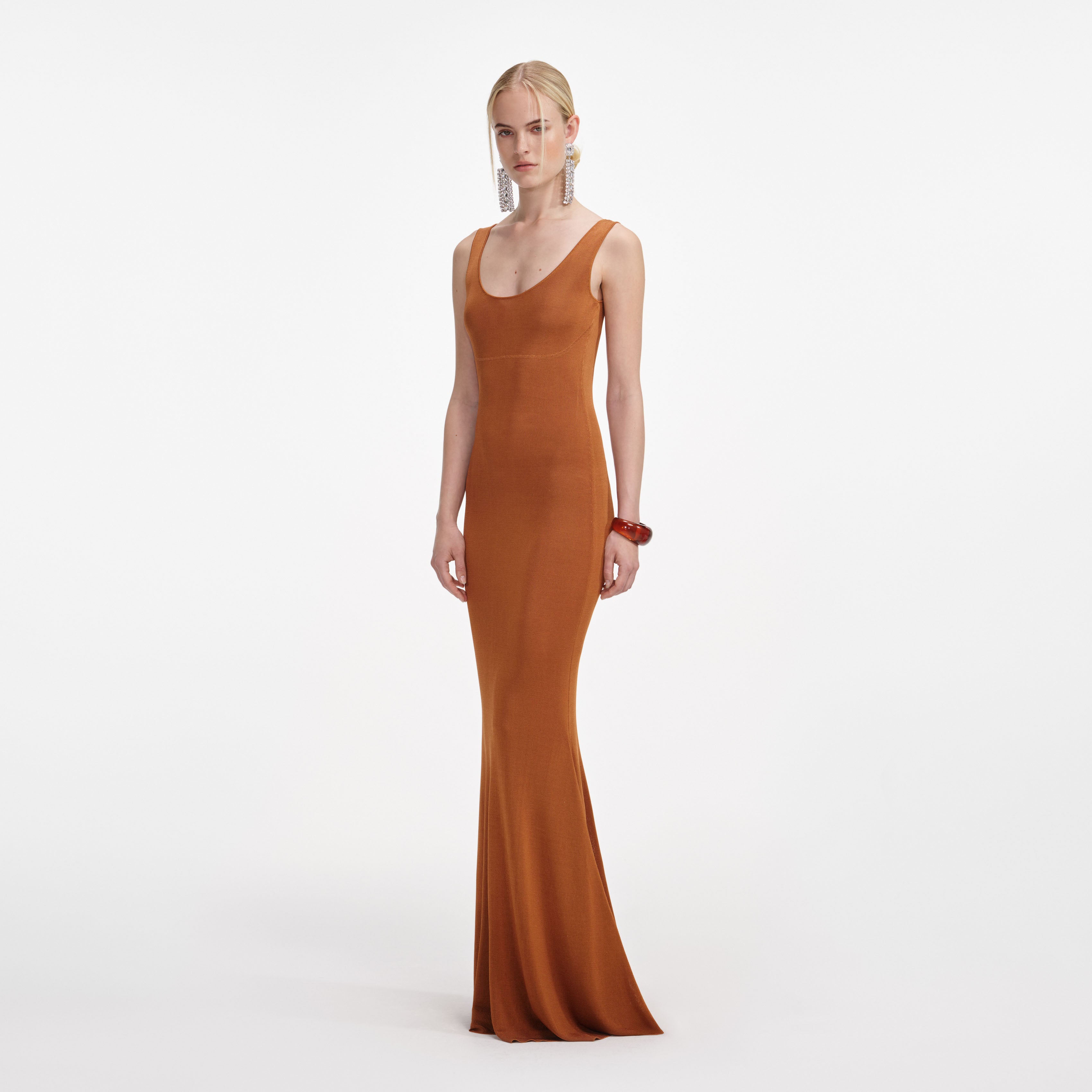Brown Scoop Neck Viscose Knit Maxi Dress