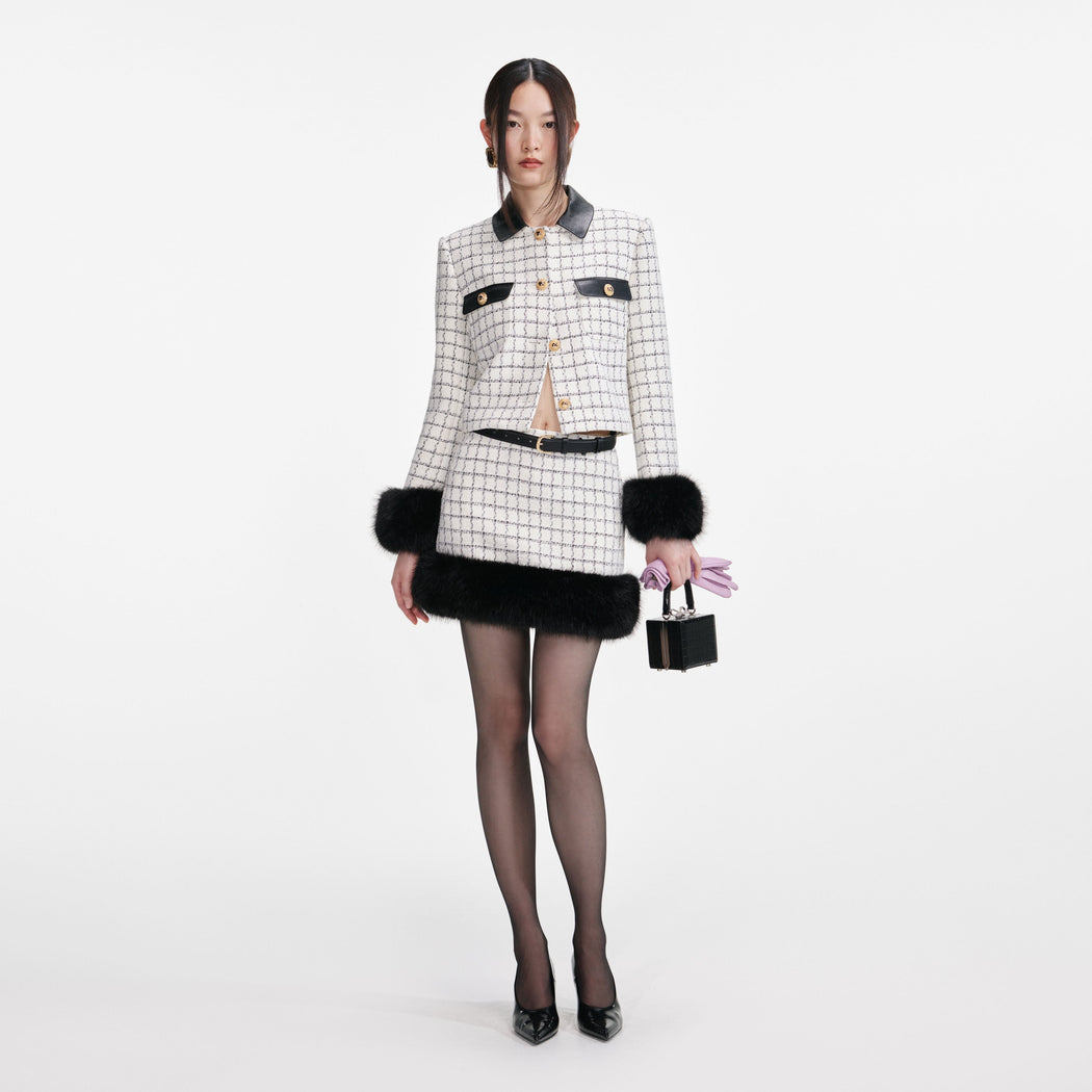 Check Boucle Fur Hem Mini Skirt