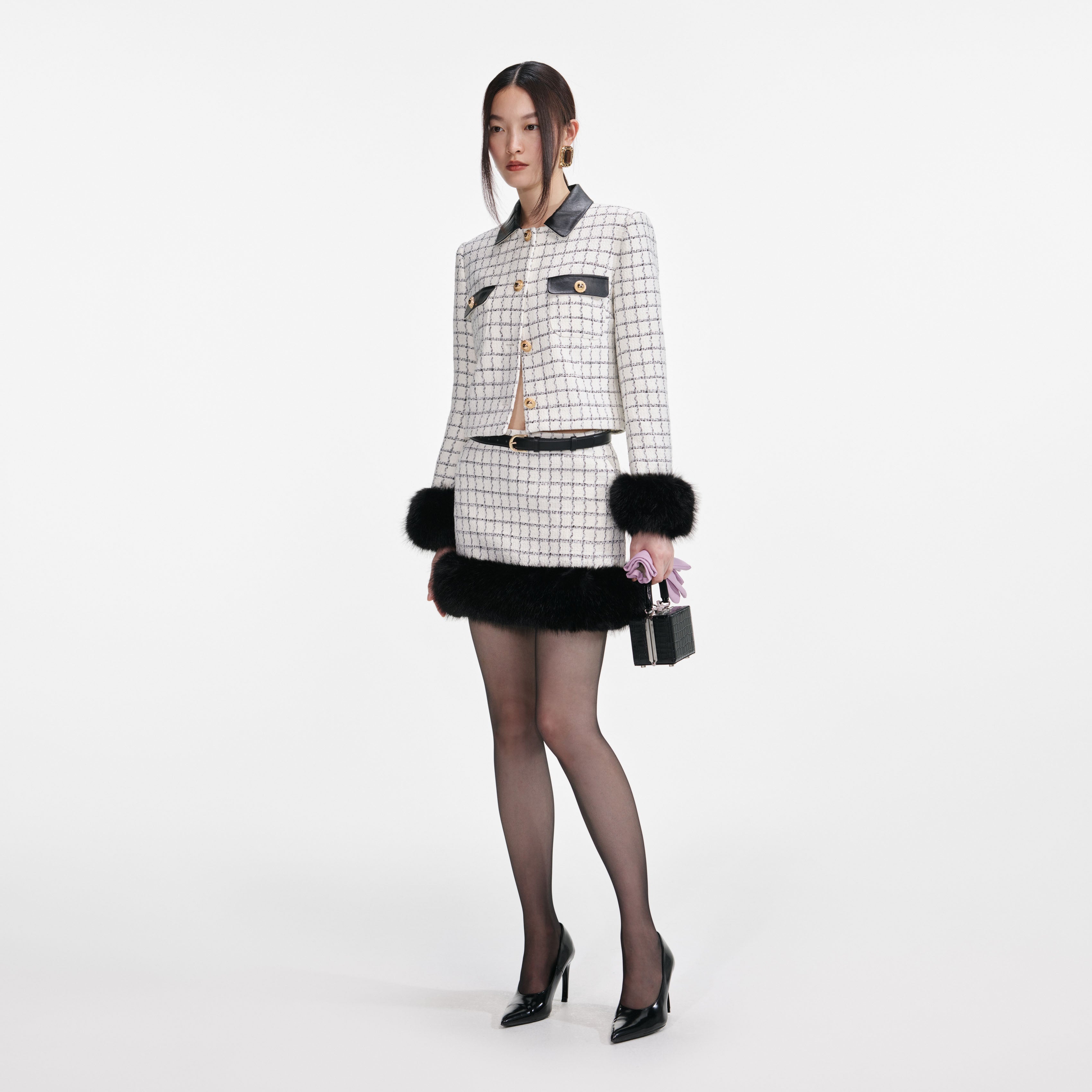 Check Boucle Fur Hem Mini Skirt