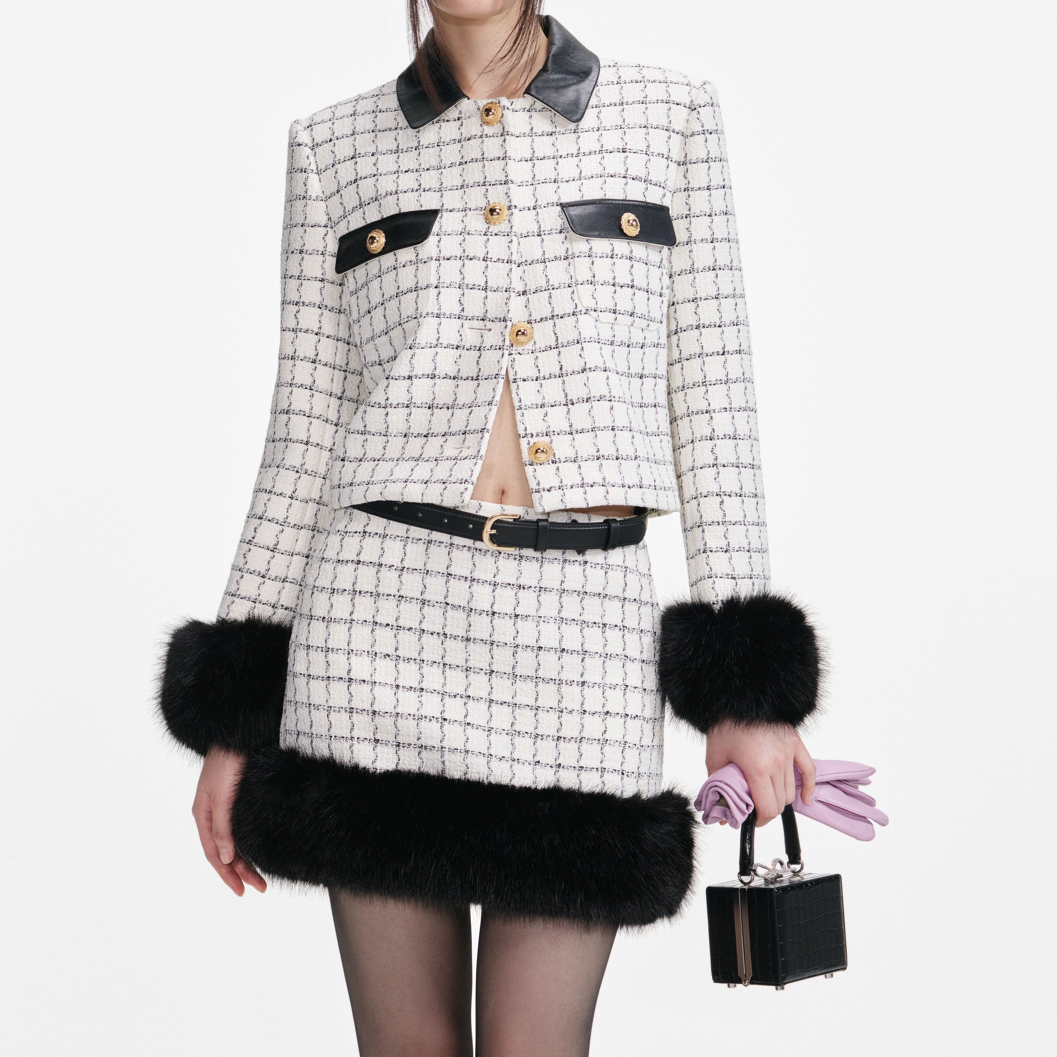 Check Boucle Fur Cuff Jacket