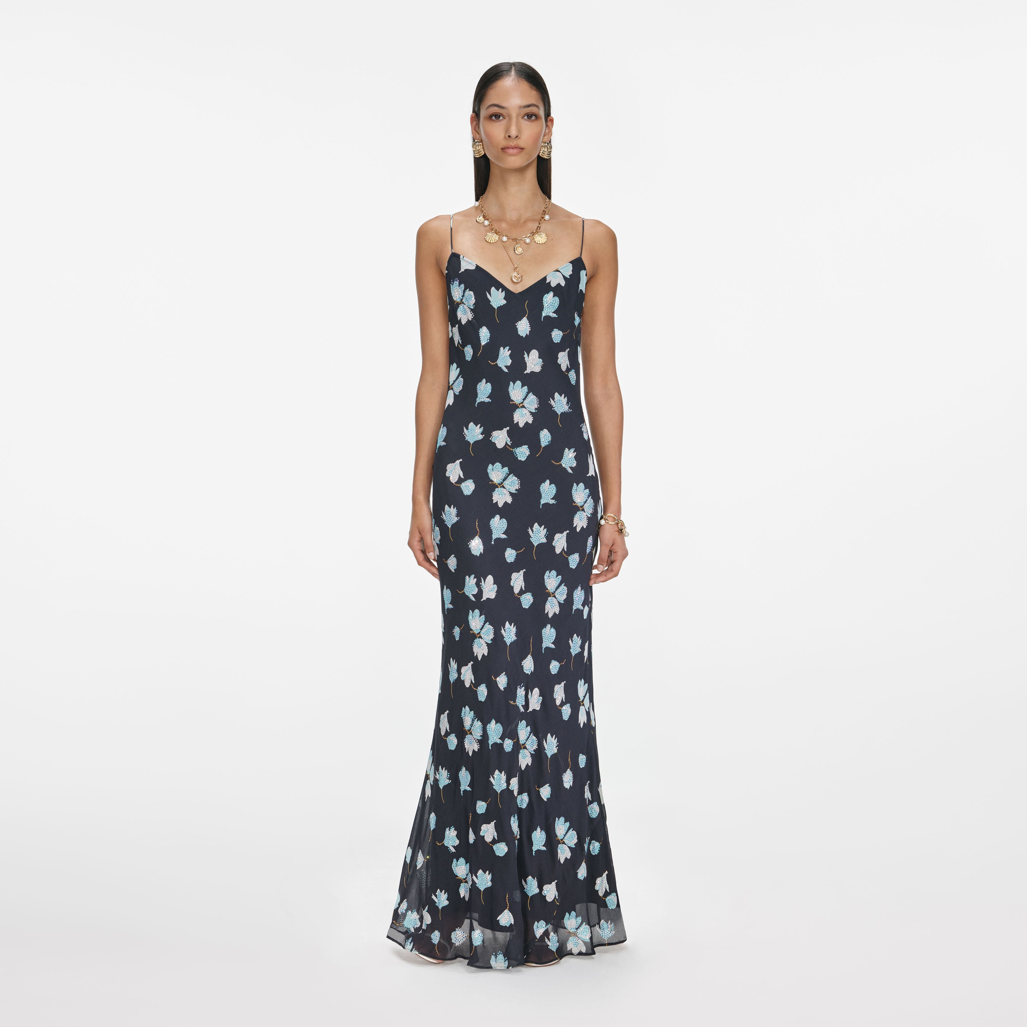 Navy Floral Rhinestone Maxi Dress – self-portrait-EU