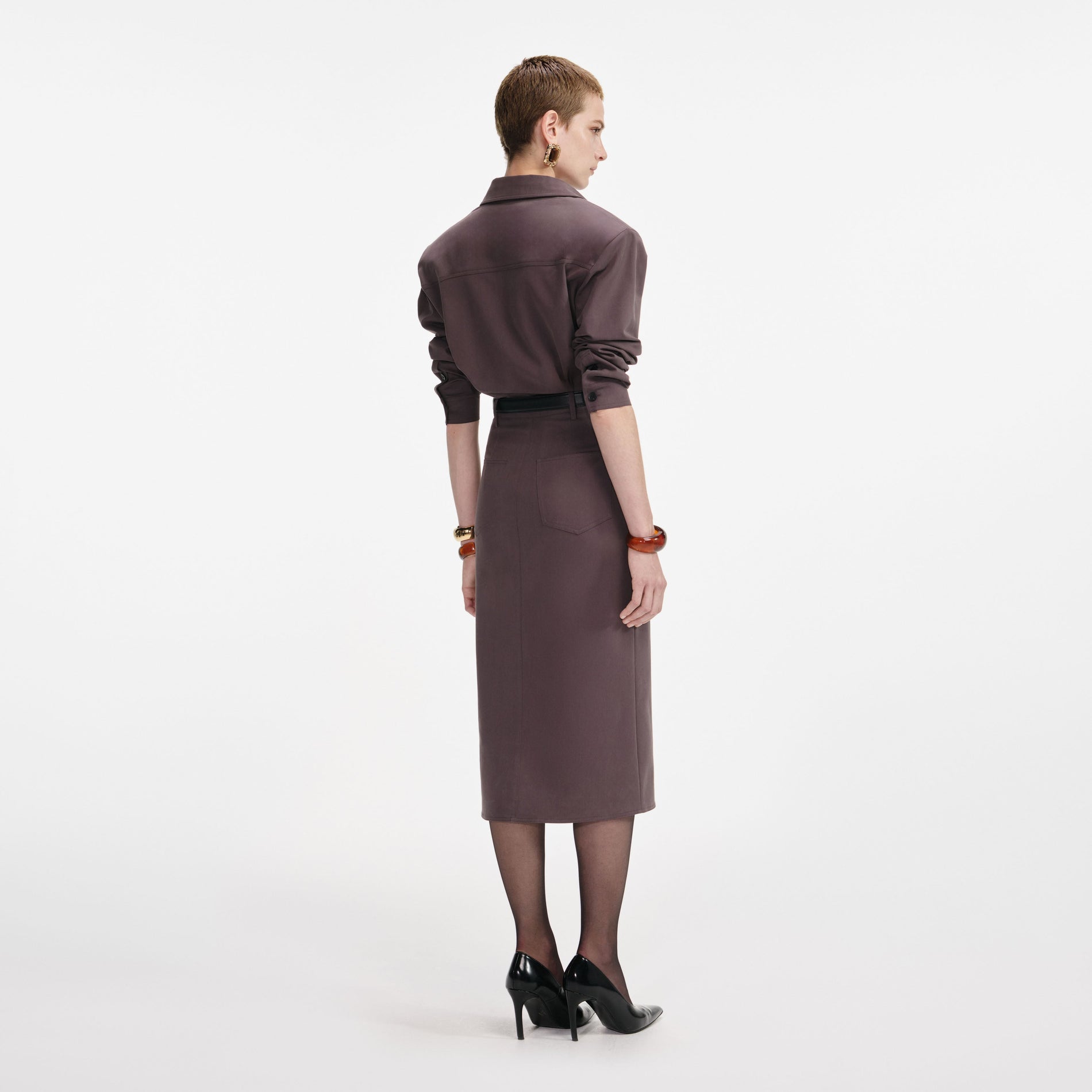 Brown Cotton Belted Midi Dress