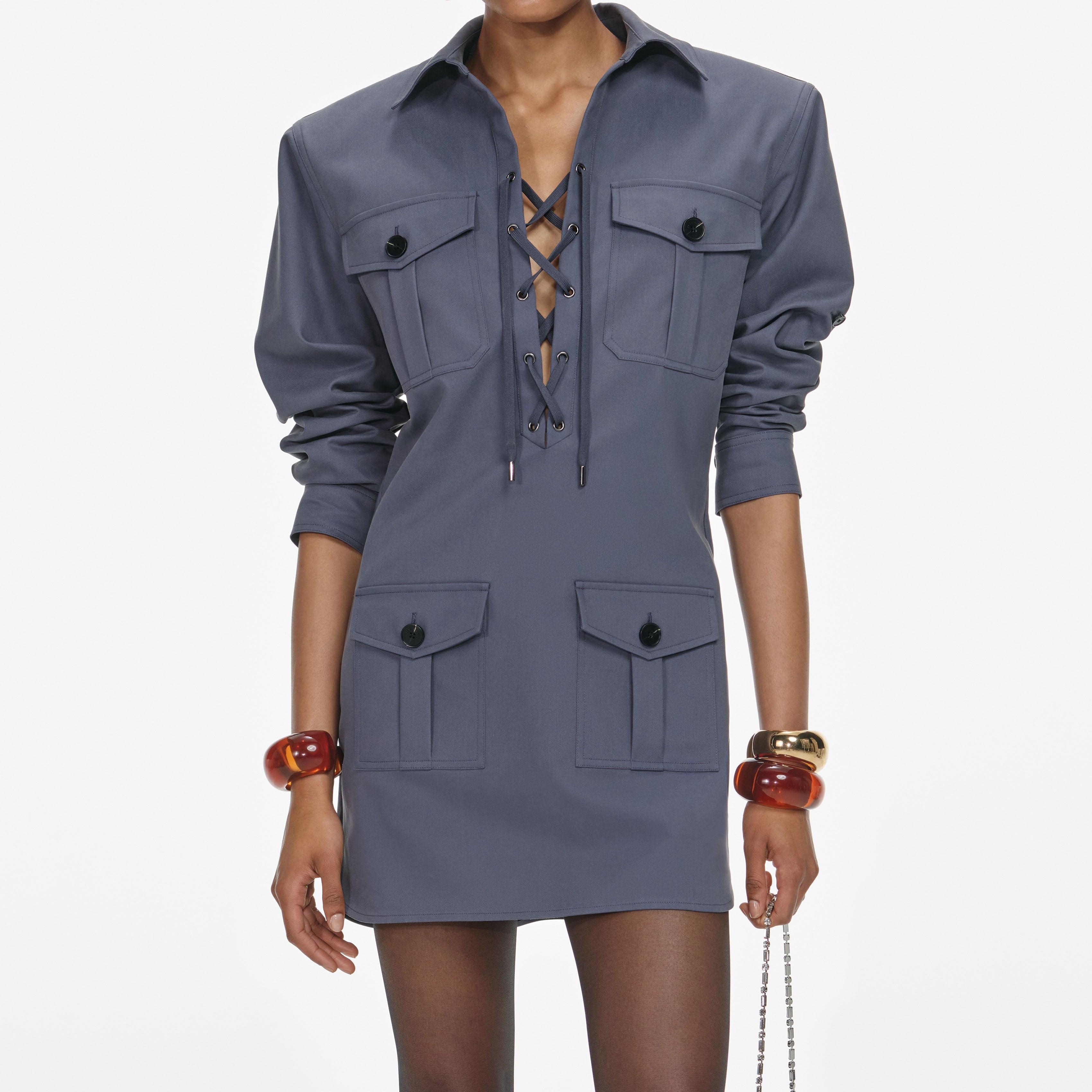Grey Cotton Long Sleeve Mini Dress
