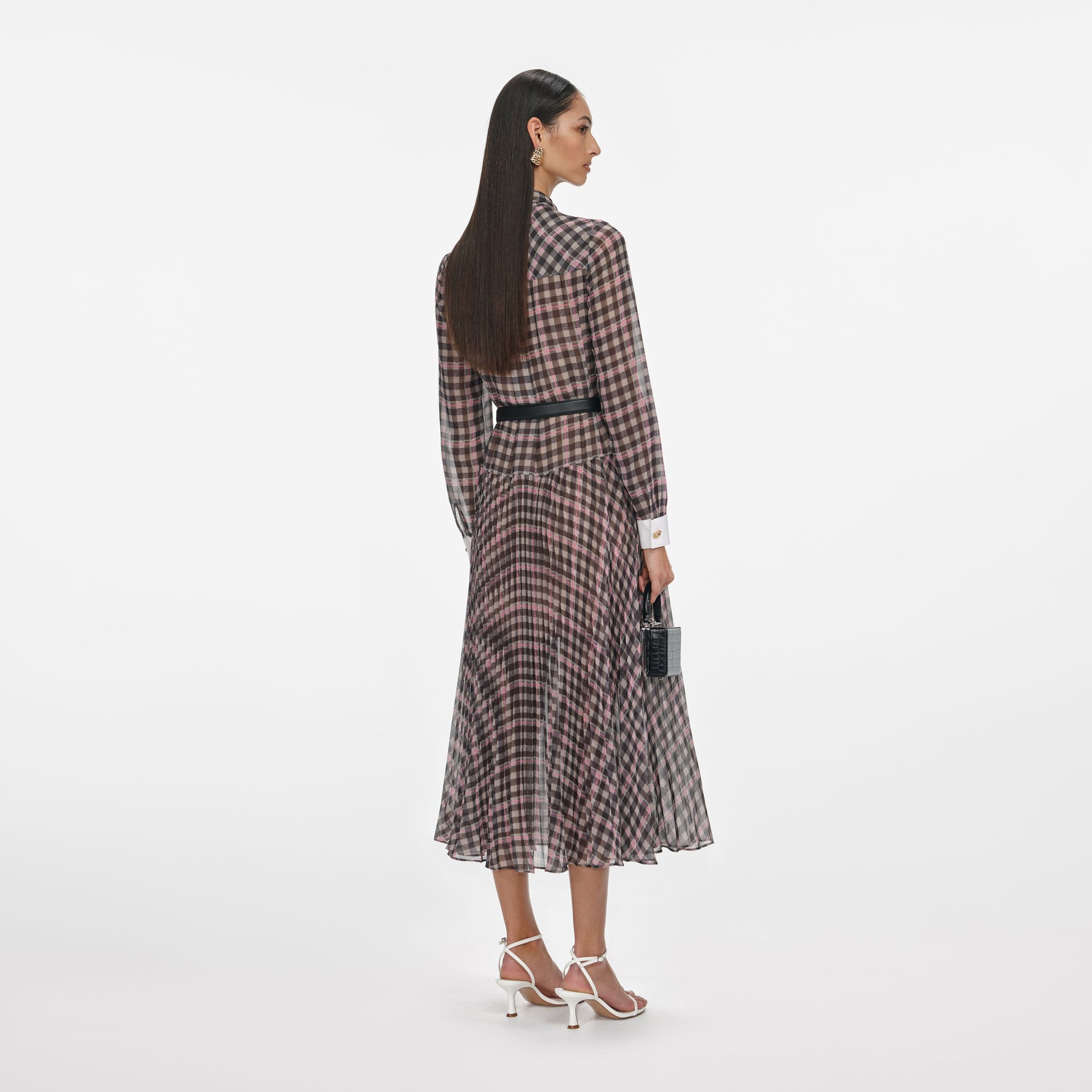 Back view of a woman wearing the Brown Check Chiffon Midi Dress