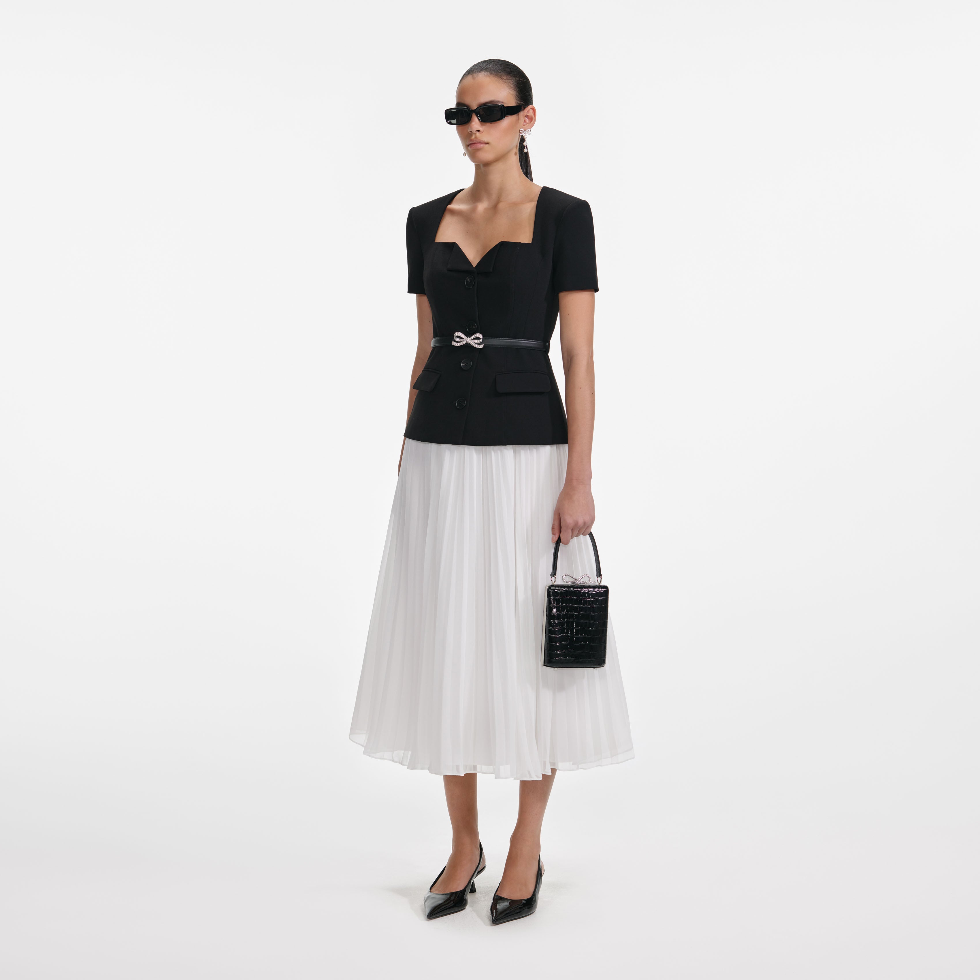 Black Tailored Contrast Chiffon Midi Dress