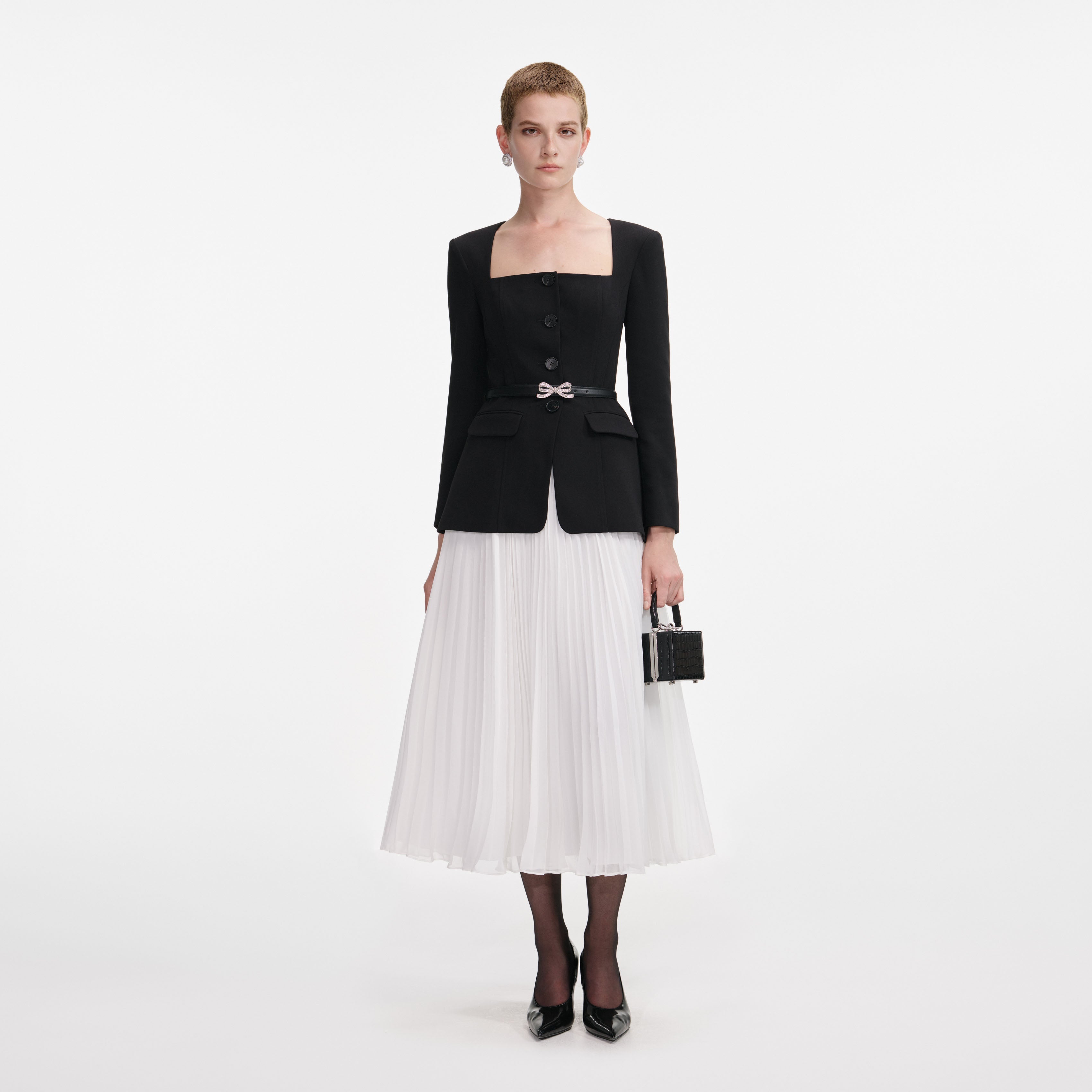 Black Long Sleeve Contrast Chiffon Midi Dress – self-portrait-EU