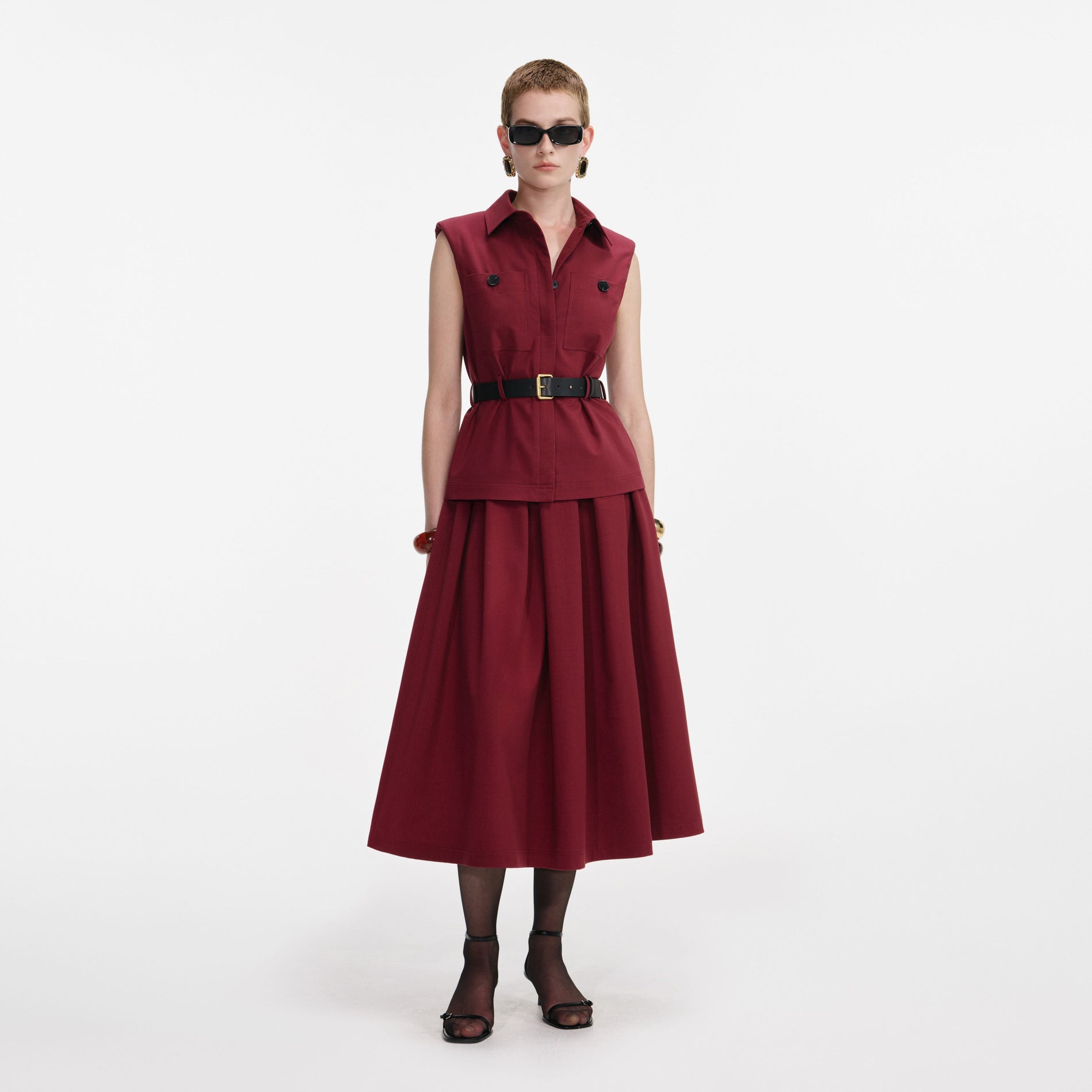 Front view of a woman wearing the Burgundy Twill Belted Midi Dress