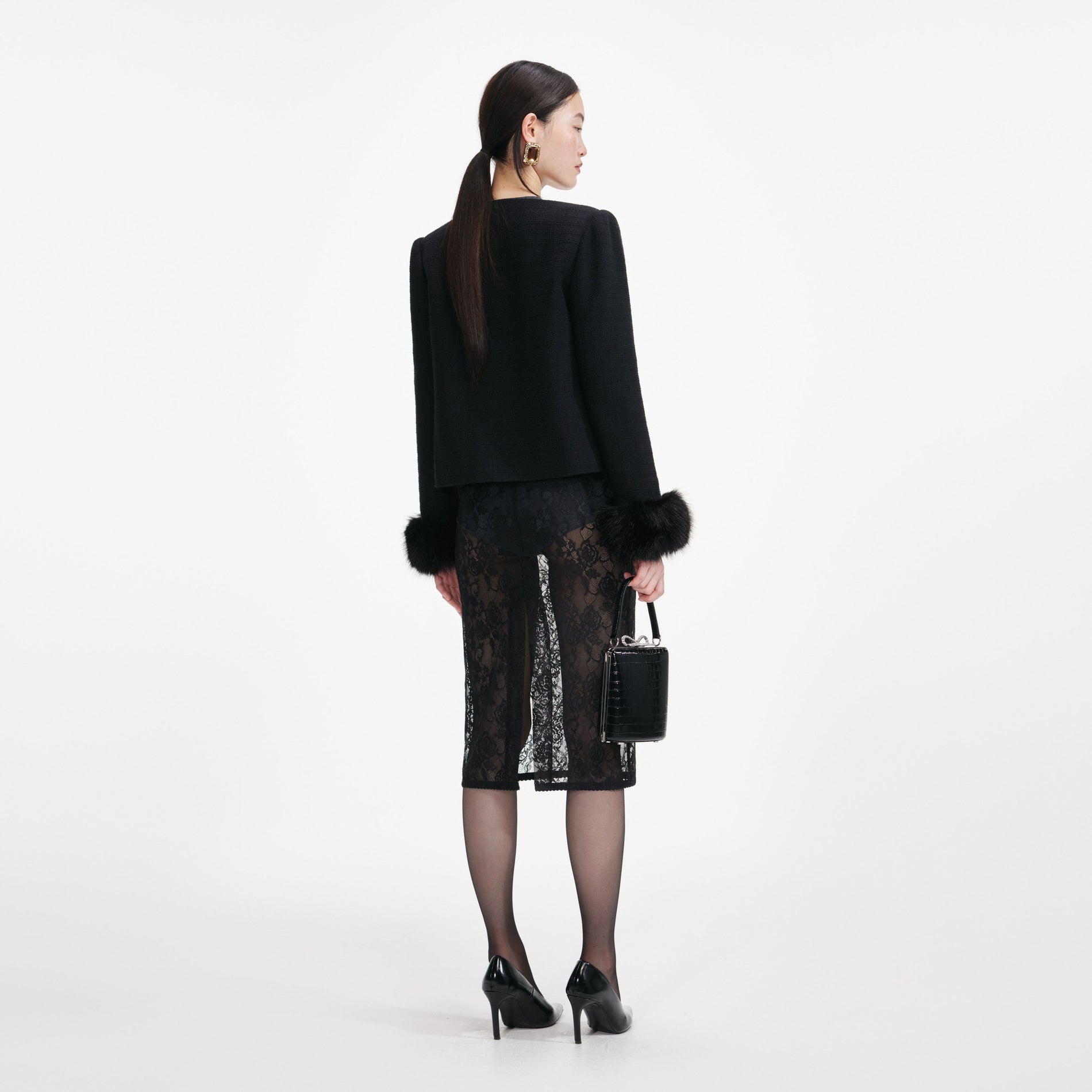 Black Boucle Fur Cuff Jacket