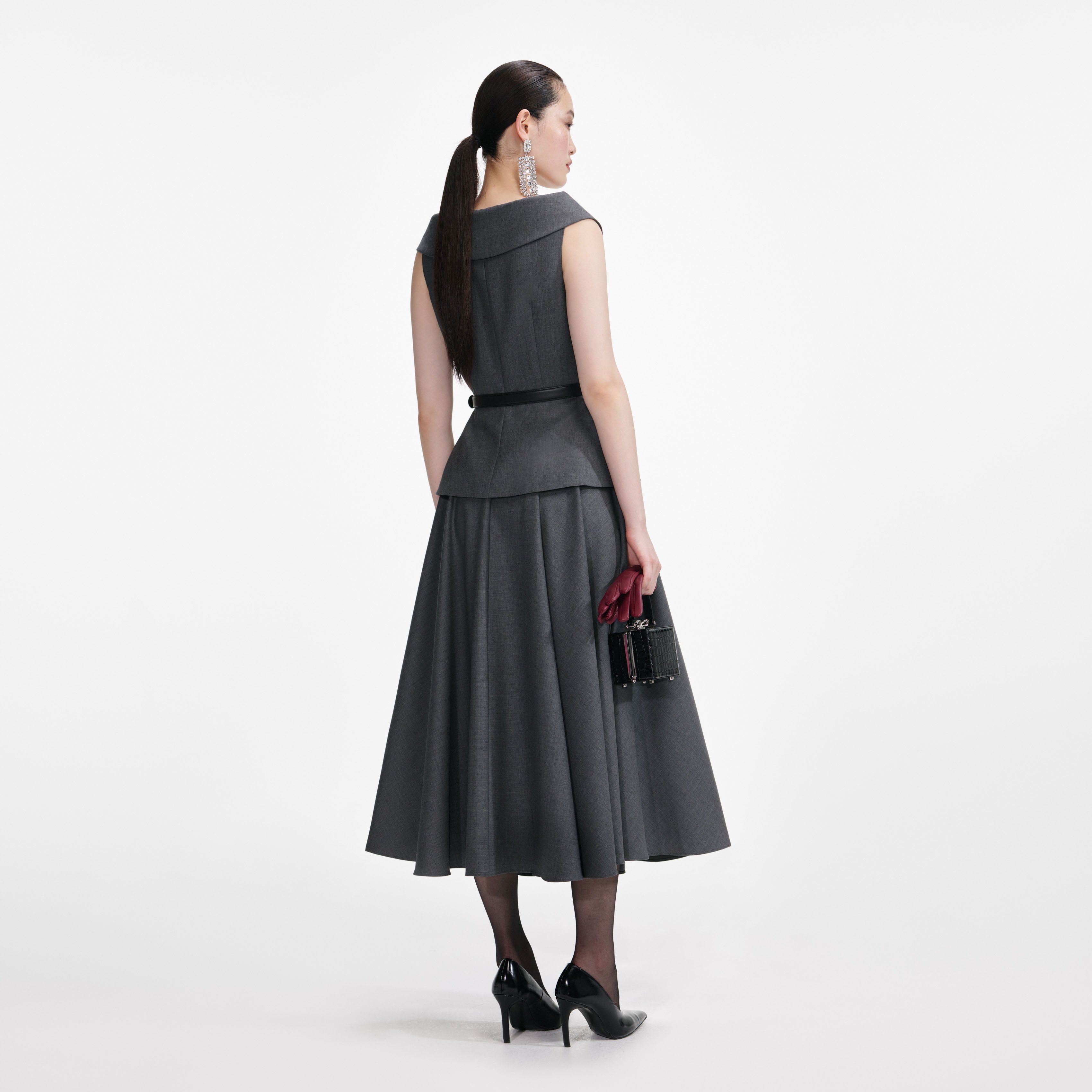 Grey Wool Tailored Midi Dress