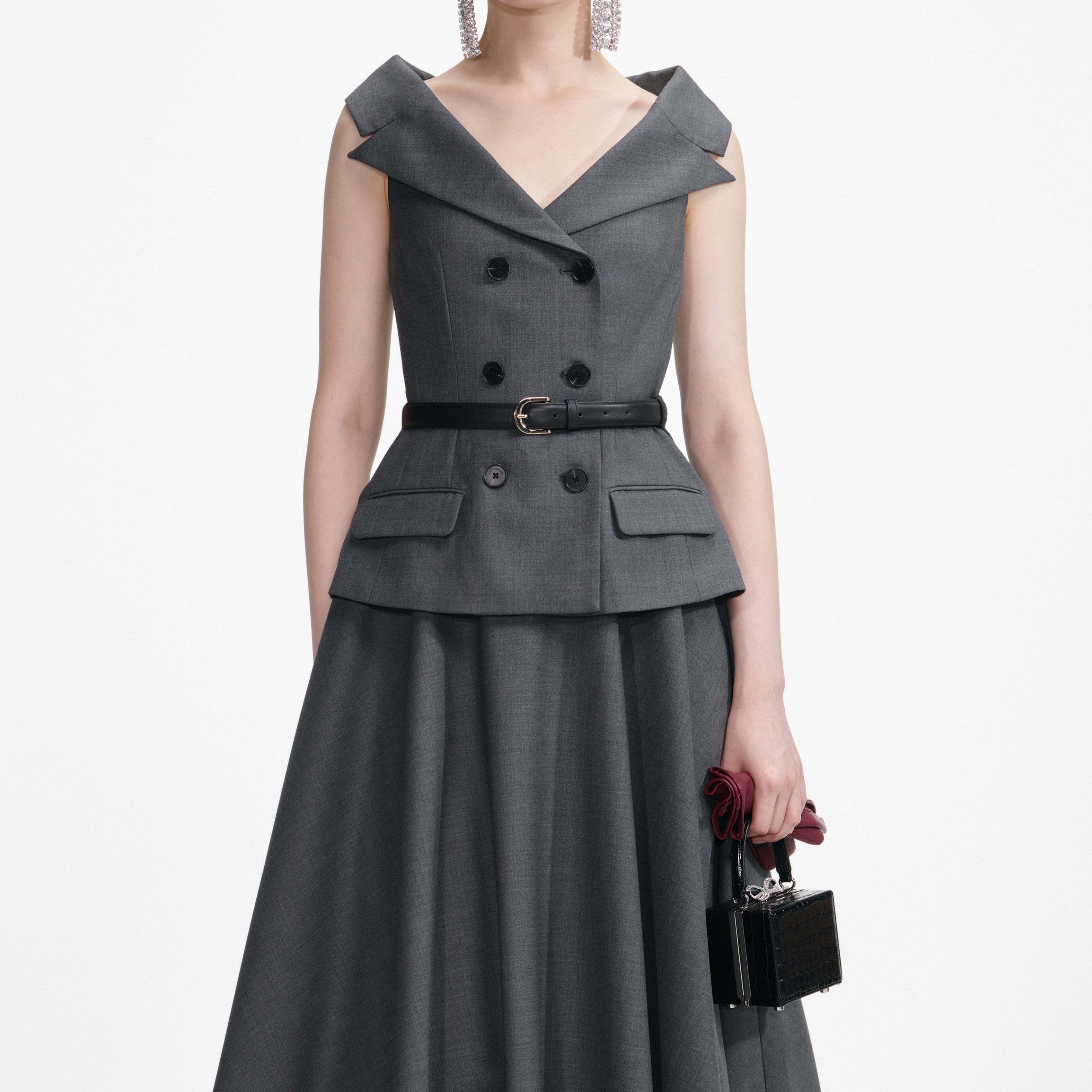 Grey Wool Tailored Midi Dress
