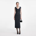 Navy Herringbone Wool Midi Dress