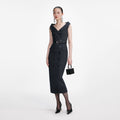 Navy Herringbone Wool Midi Dress