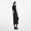 Navy Herringbone Wool Midi Dress