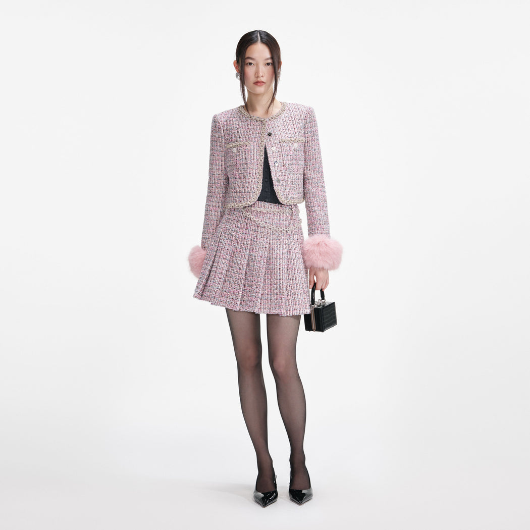 Pink Boucle Crystal Belt Mini Skirt